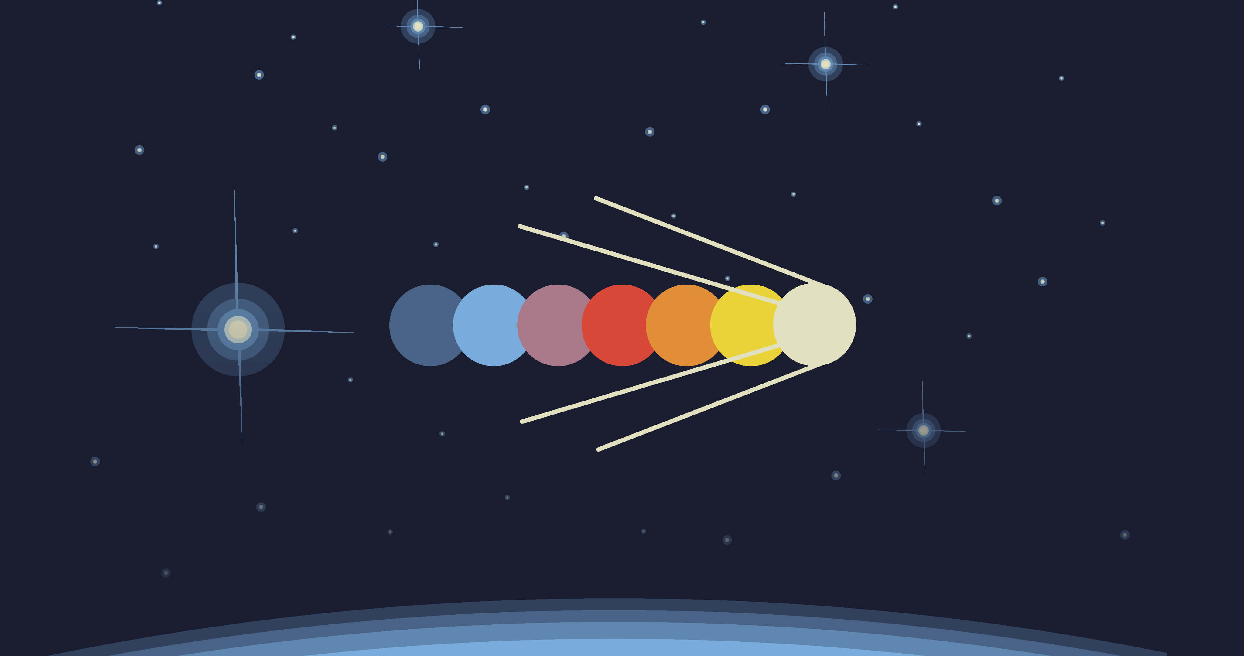 Minimalist Space 桌布 壁紙 — 一枚風格化的火箭，帶有色彩繽紛的圓形階段，在彎曲的行星地平線上方，向著繁星點點的夜空發射升空。