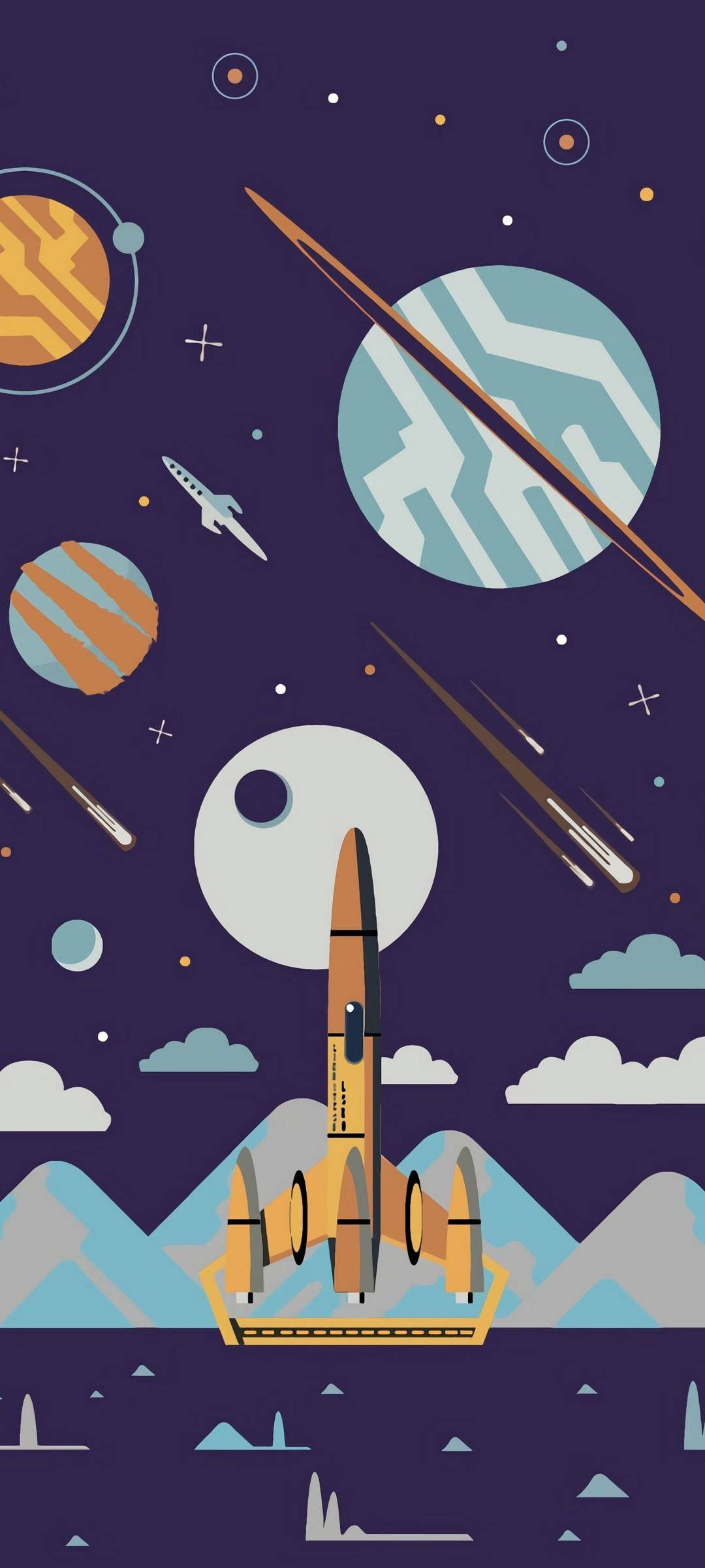 Simple Phone 桌布 壁紙 — 一枚風格化的火箭從山頂發射，進入充滿行星、彗星和恆星的宇宙天空。