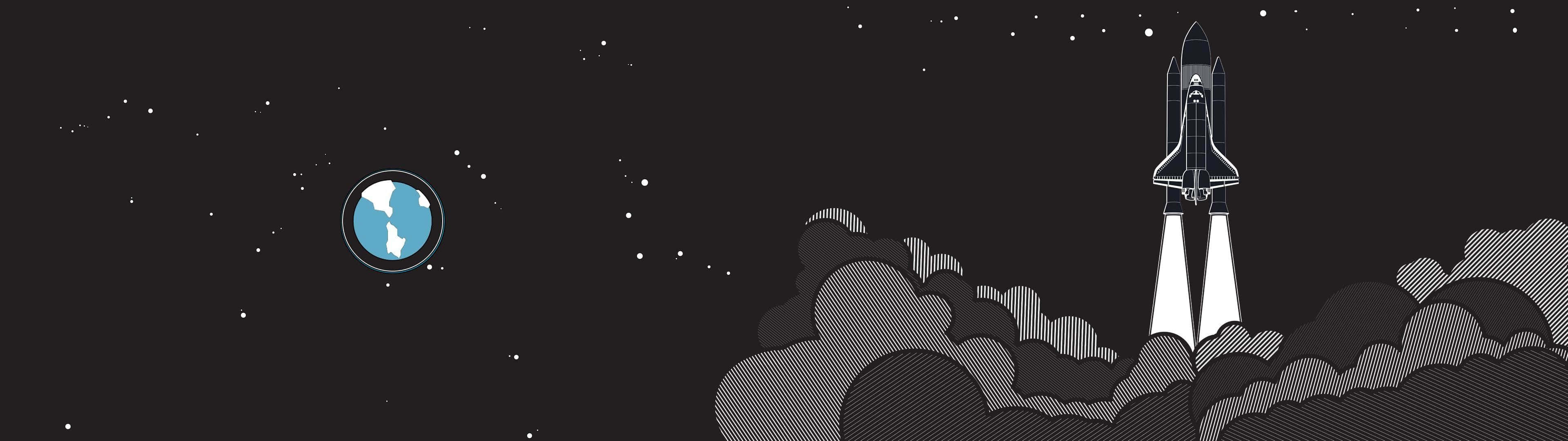 火箭 桌布 壁紙 — 一枚風格化的火箭穿過雲層，朝向藍色地球，背景是繁星點點的夜空。
