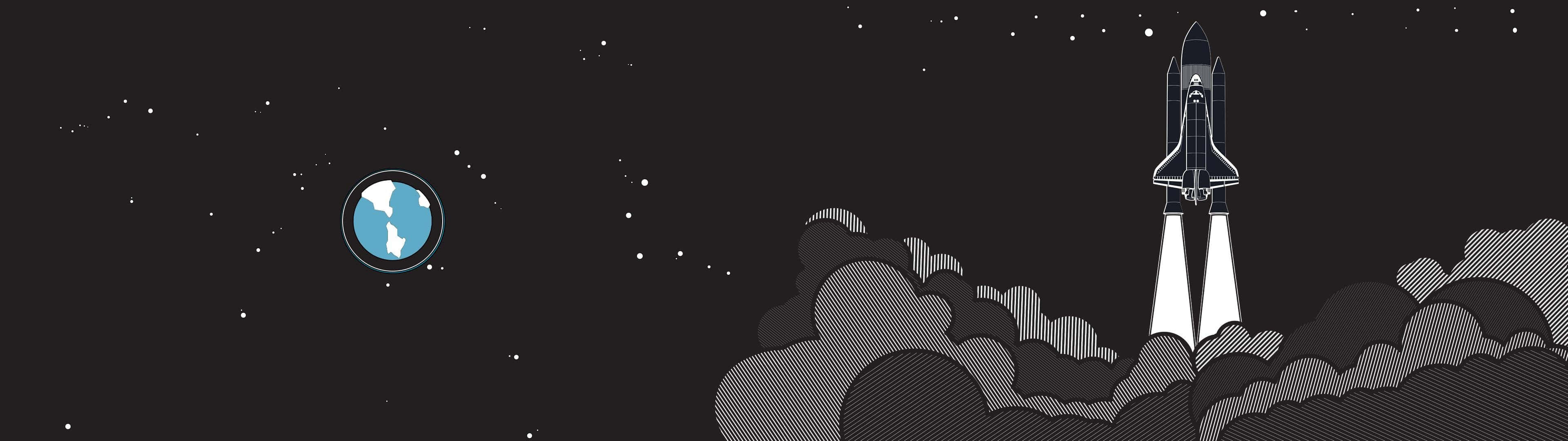 Minimalist Space 桌布 壁紙 — 一枚風格化的火箭穿過雲層，朝向藍色地球，背景是繁星點點的夜空。