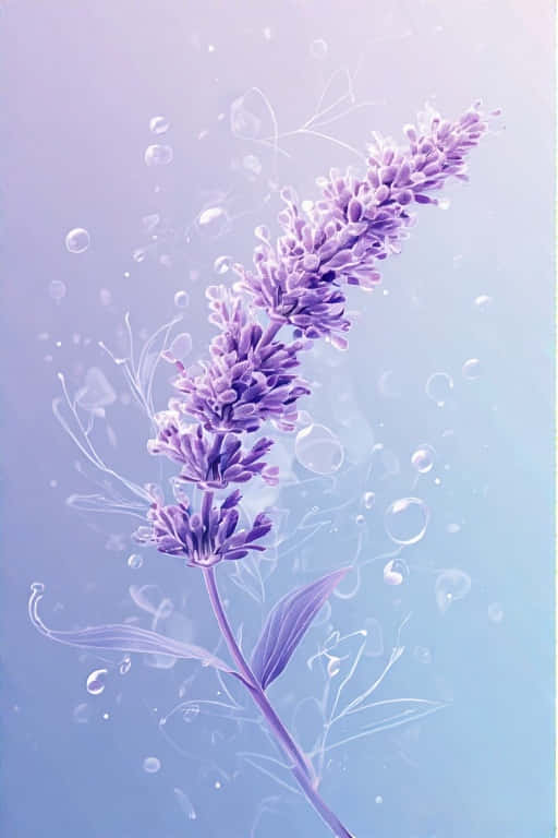Lavender Serenity Dewdrops in a Dream 壁紙 — 一枝精緻的紫色薰衣草在淡紫色和天藍色的柔和漸變背景中，優雅地漂浮在半透明的氣泡之間。