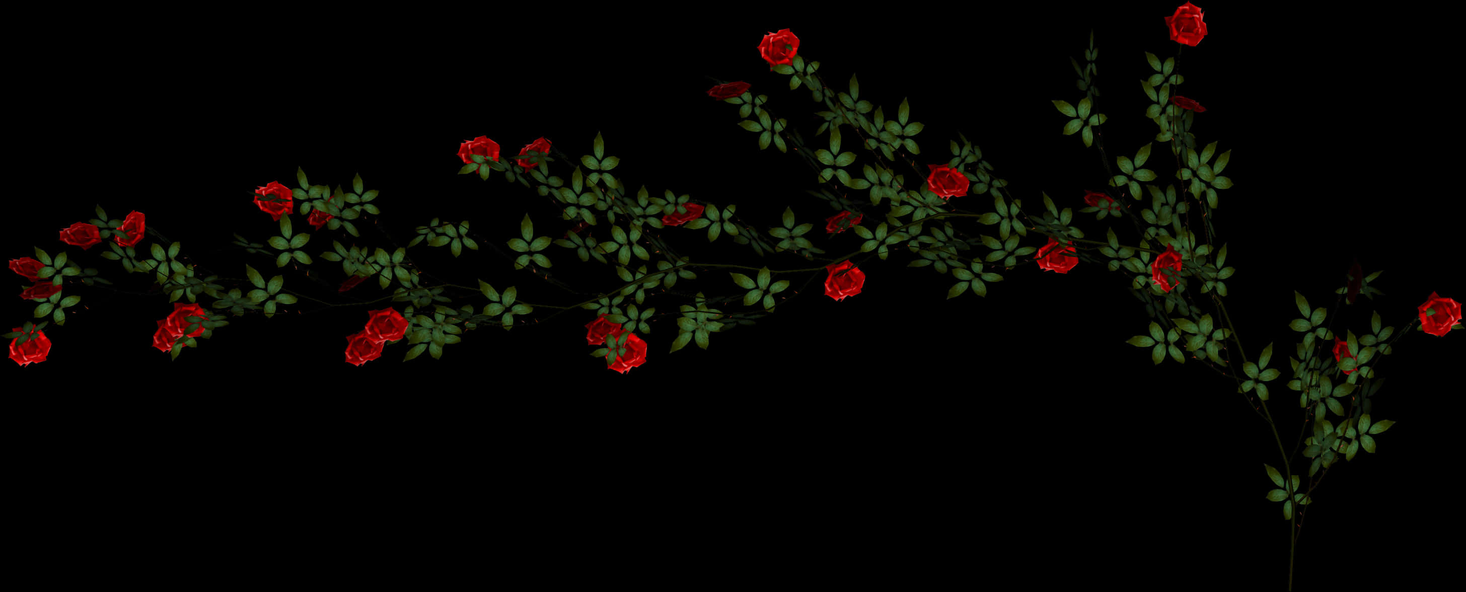 Vines 桌布 壁紙 — 一枝紅玫瑰配綠葉，優雅地彎曲在純黑背景上。