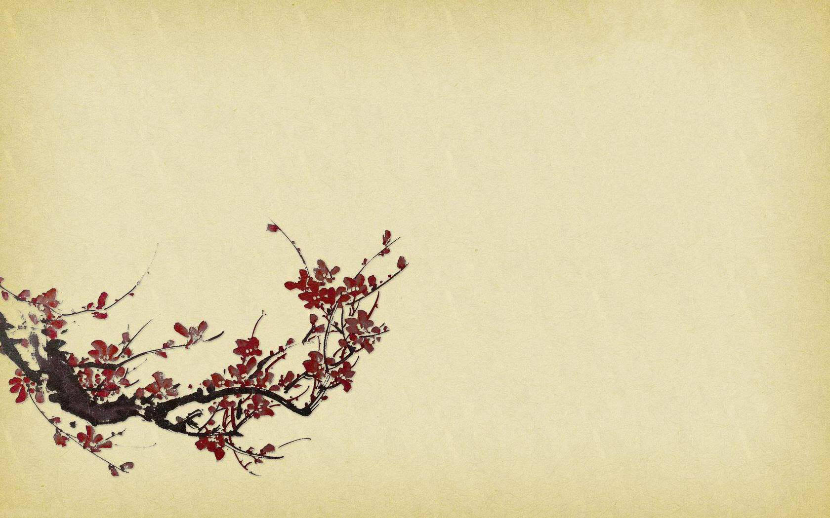 日式 桌布 壁紙 — 一枝細緻的紅花枝優雅地彎曲在舊羊皮紙上，喚起寧靜的優雅和季節的更新。