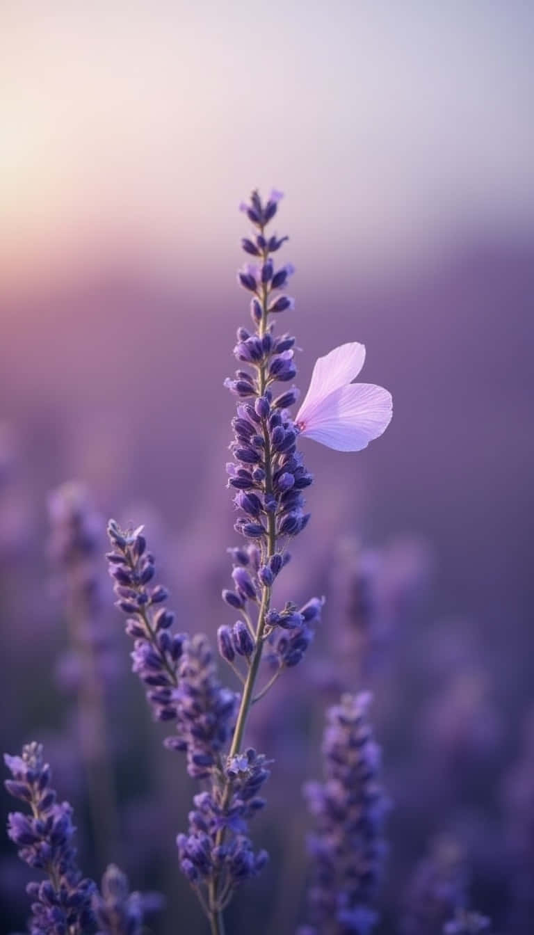 Flower 壁紙 — 一枝薰衣草，上面有一隻精緻的白色蝴蝶棲息在花朵上，背景是柔和的紫色日落。