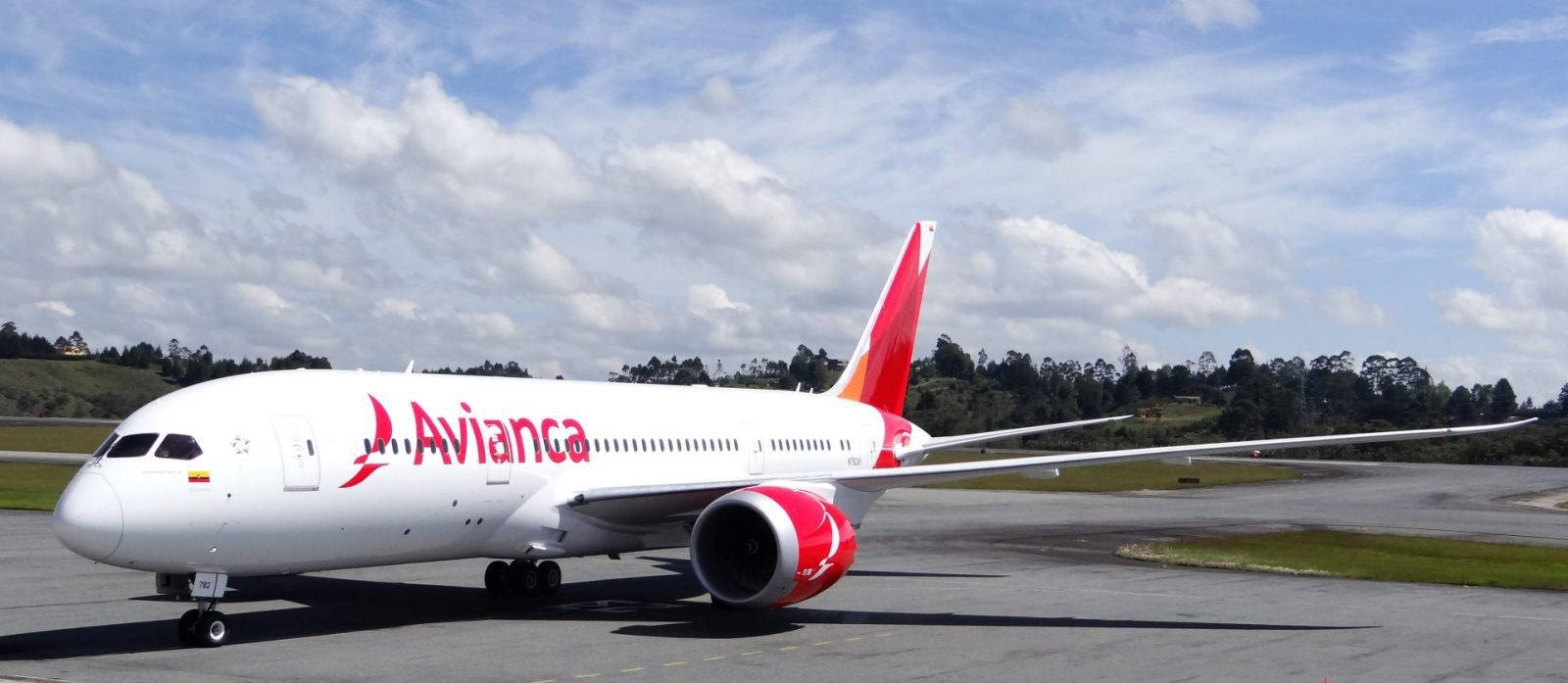 Plane 桌布 壁紙 — 一架 Avianca 客機停在跑道上，天空局部多雲，背景是綠色山丘。