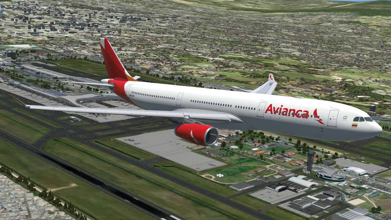 Plane 桌布 壁紙 — 一架 Avianca 空中巴士 A330 紅色尾翼和引擎翱翔於詳細的機場和廣闊的城市景觀之上。