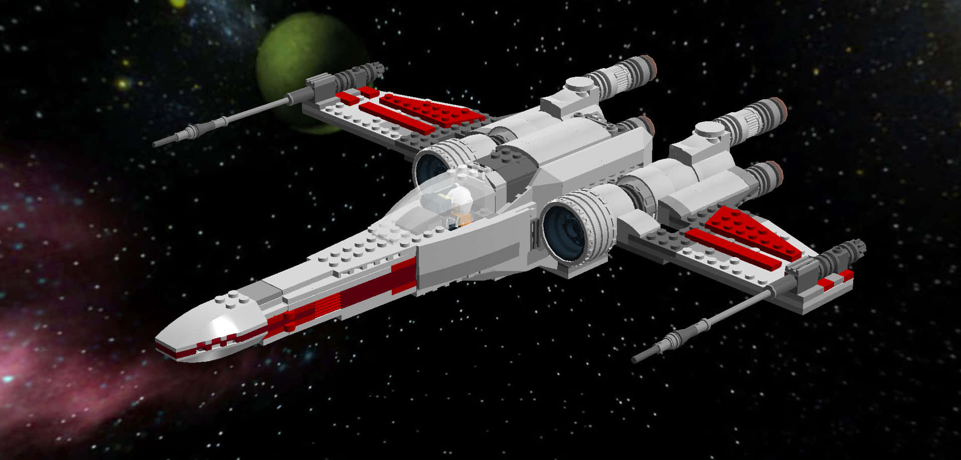 The Z-95 Headhunter 桌布 壁紙 — 一架 LEGO 星際大戰 X-wing 戰機在星空宇宙中滑翔，背景有綠色行星和星雲。