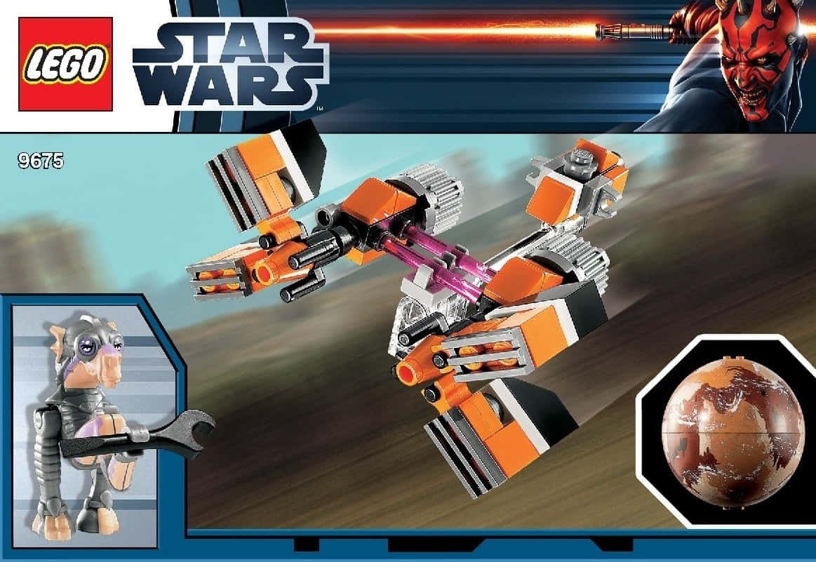 The Podrace 桌布 壁紙 — 一架 LEGO 星際大戰飛梭摩托車正在飛行，達斯摩爾和一個烏奇機械師在動態動作場景中。