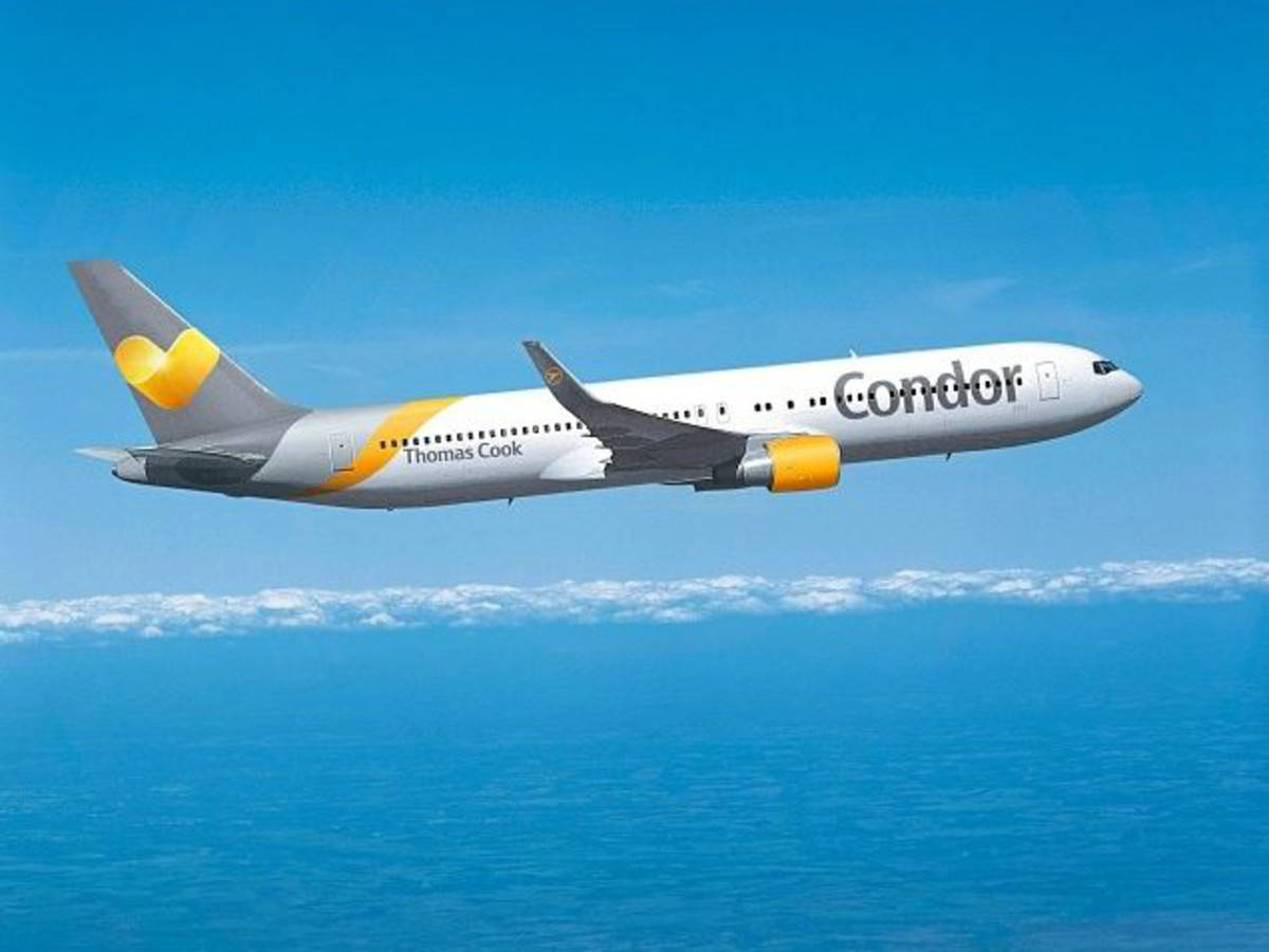 飛機 桌布 壁紙 — 一架Condor Thomas Cook飛機在清澈的藍天下，在蓬鬆的白雲下方優雅地翱翔於海洋之上。