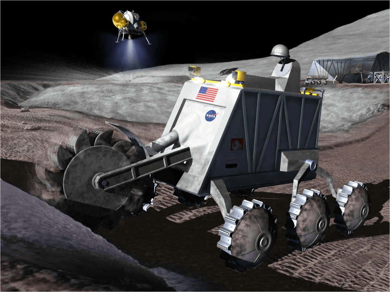 Space Mining 桌布 壁紙 — 一架NASA月球車配備大型尖刺輪胎，正在挖掘月球土壤，同時一架無人機在棲息地附近盤旋。