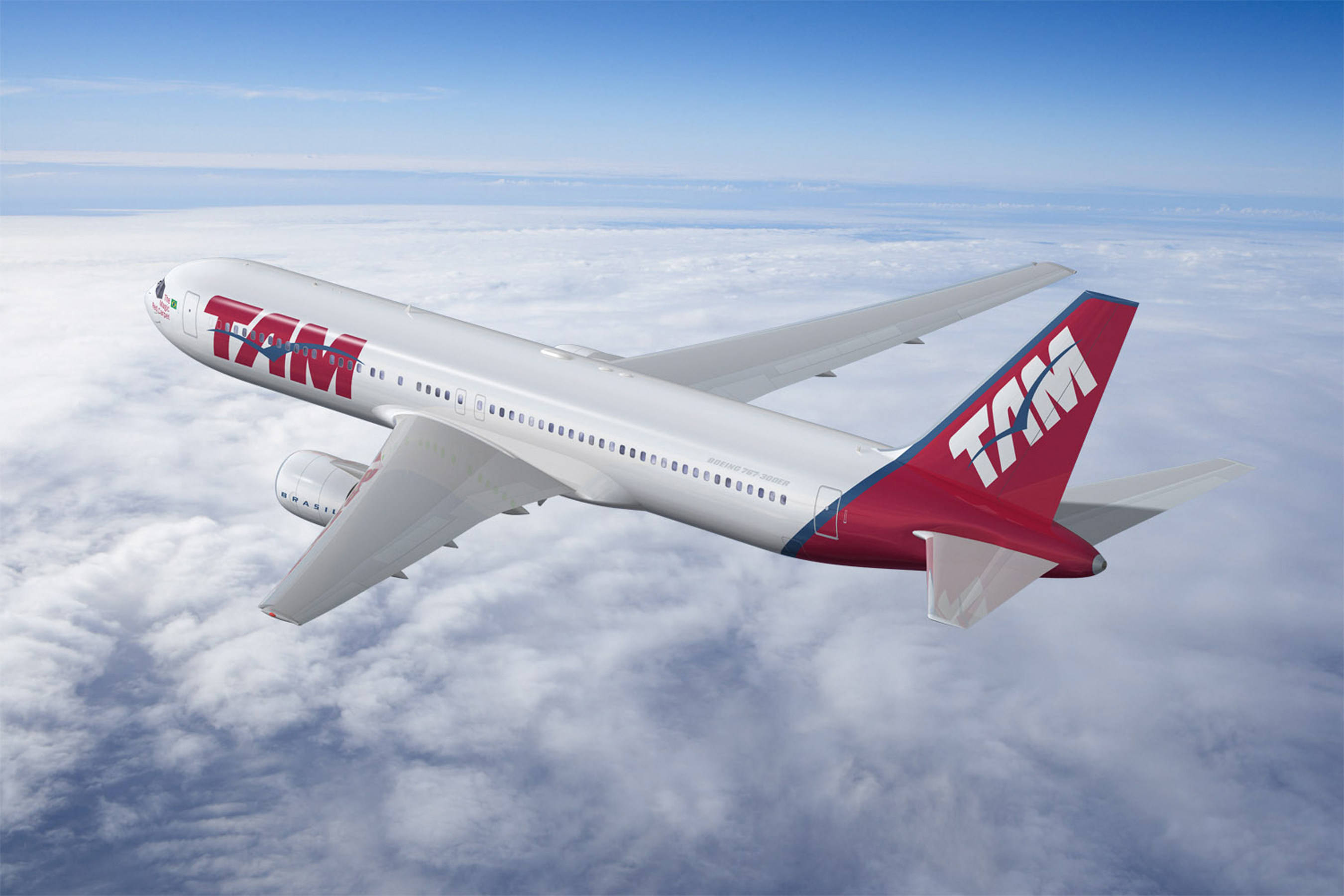 flying 桌布 壁紙 — 一架TAM航空的飛機在清澈的藍天下，優雅地翱翔在無邊無際的蓬鬆白雲之上。