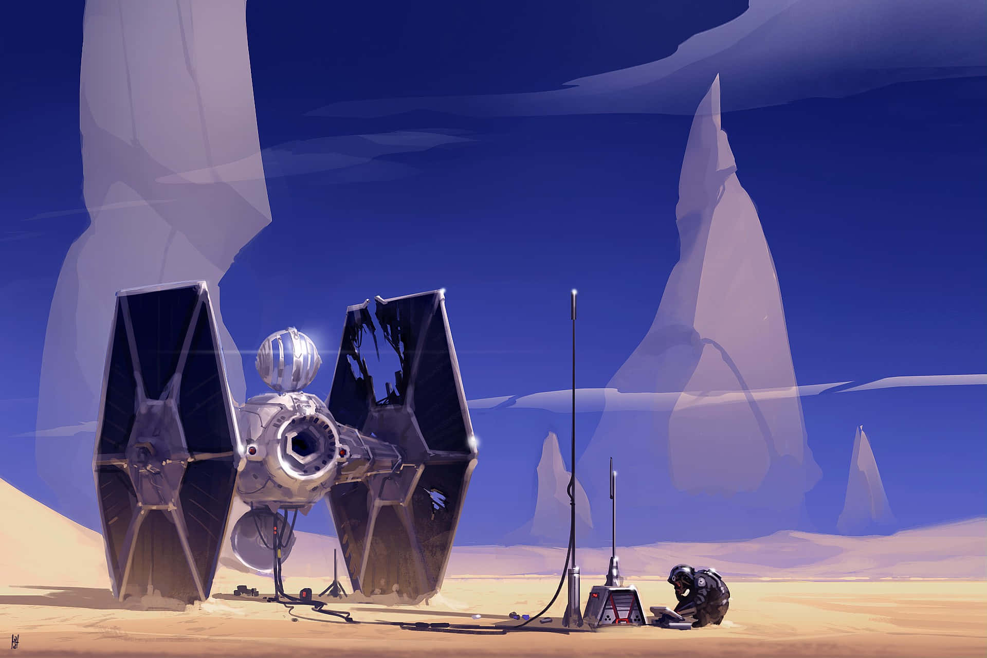 Tatooine 桌布 壁紙 — 一架TIE戰機在沙漠星球上休息，而一個身穿黑色盔甲的身影在深藍色天空下跪在附近。