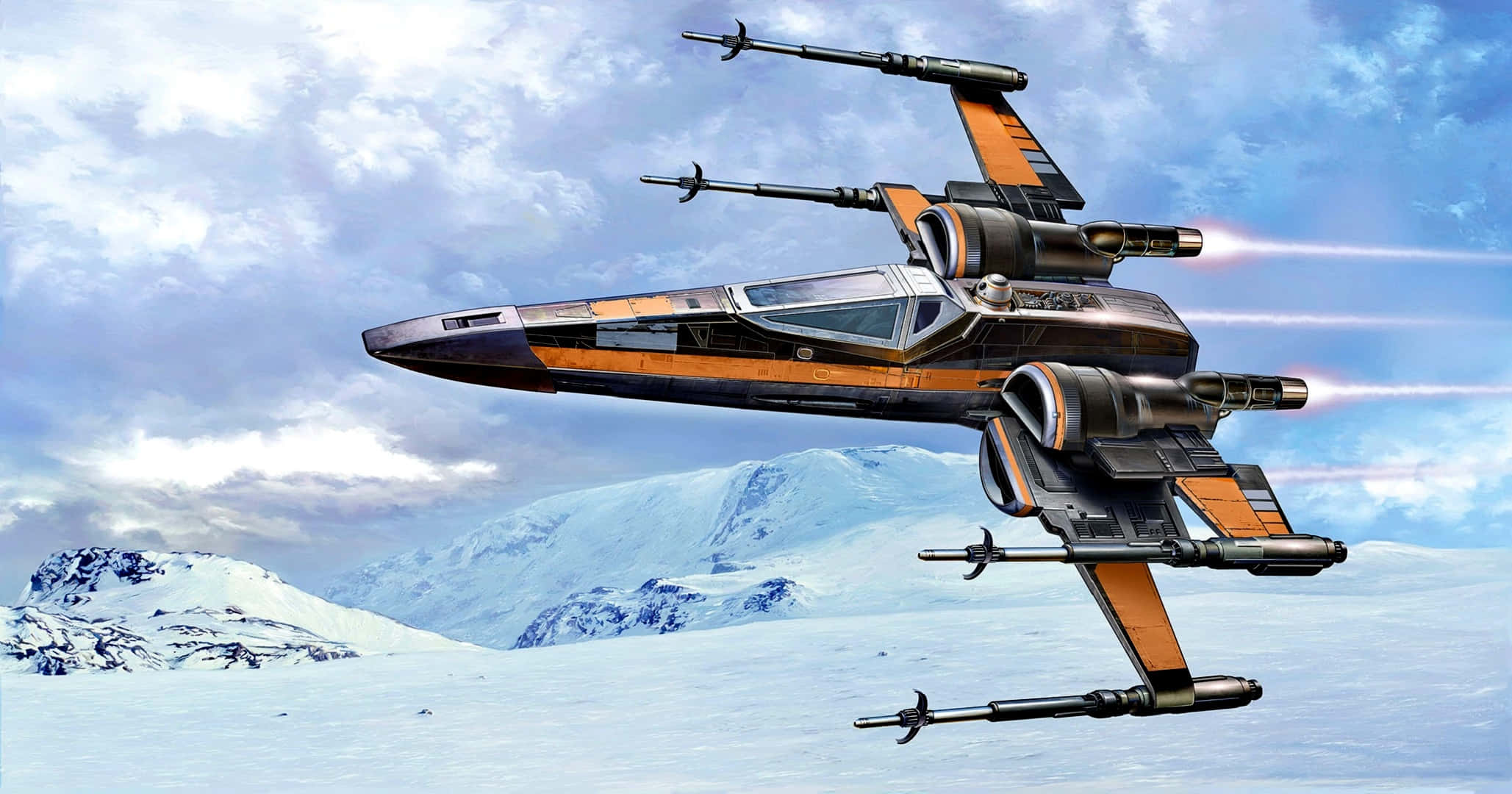 Star Wars X Wing 桌布 壁紙 — 一架X翼星際戰鬥機在雲霧繚繞的藍天下，飛越積雪覆蓋的山脈，引擎尾跡閃閃發光。