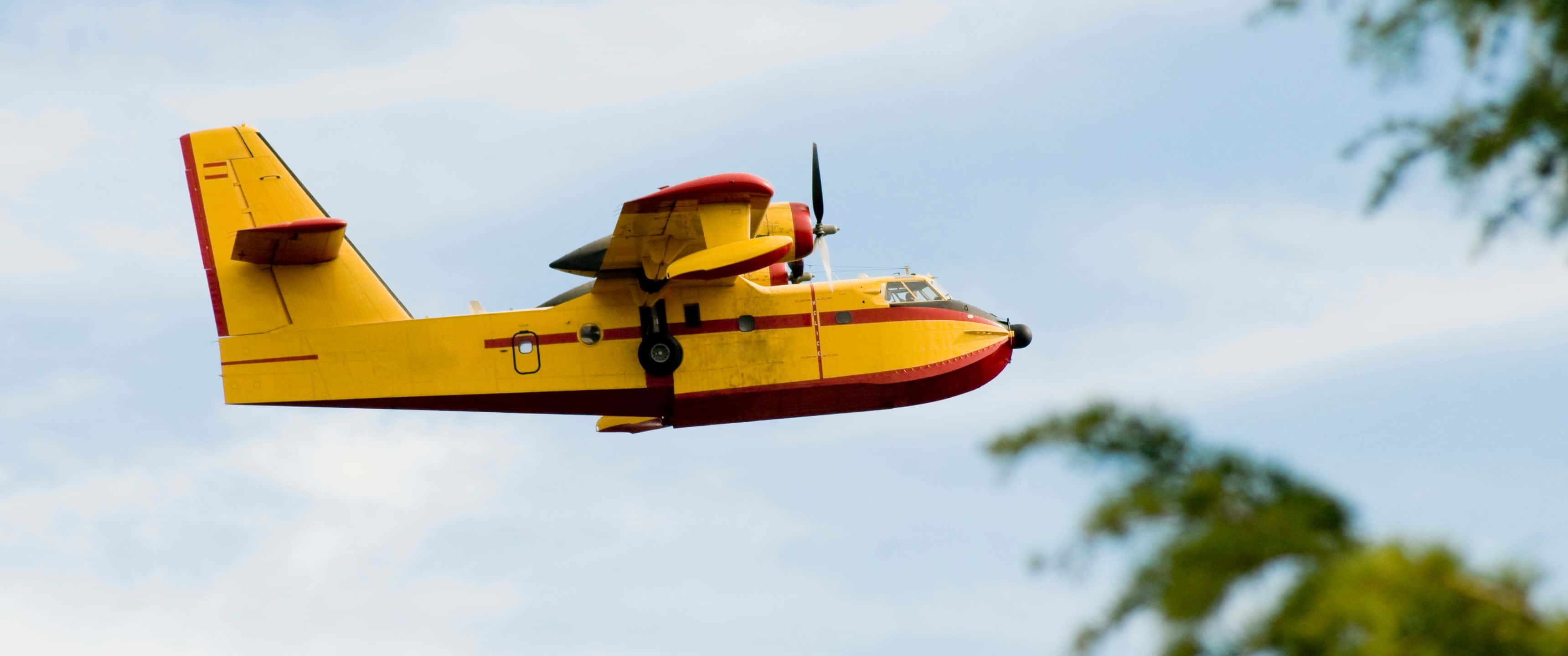 3440x1440p Small Planes 桌布 壁紙 — 一架亮黃色和紅色的水陸兩用消防飛機在部分多雲的天空中翱翔，下方有綠色樹枝處於柔和焦點。