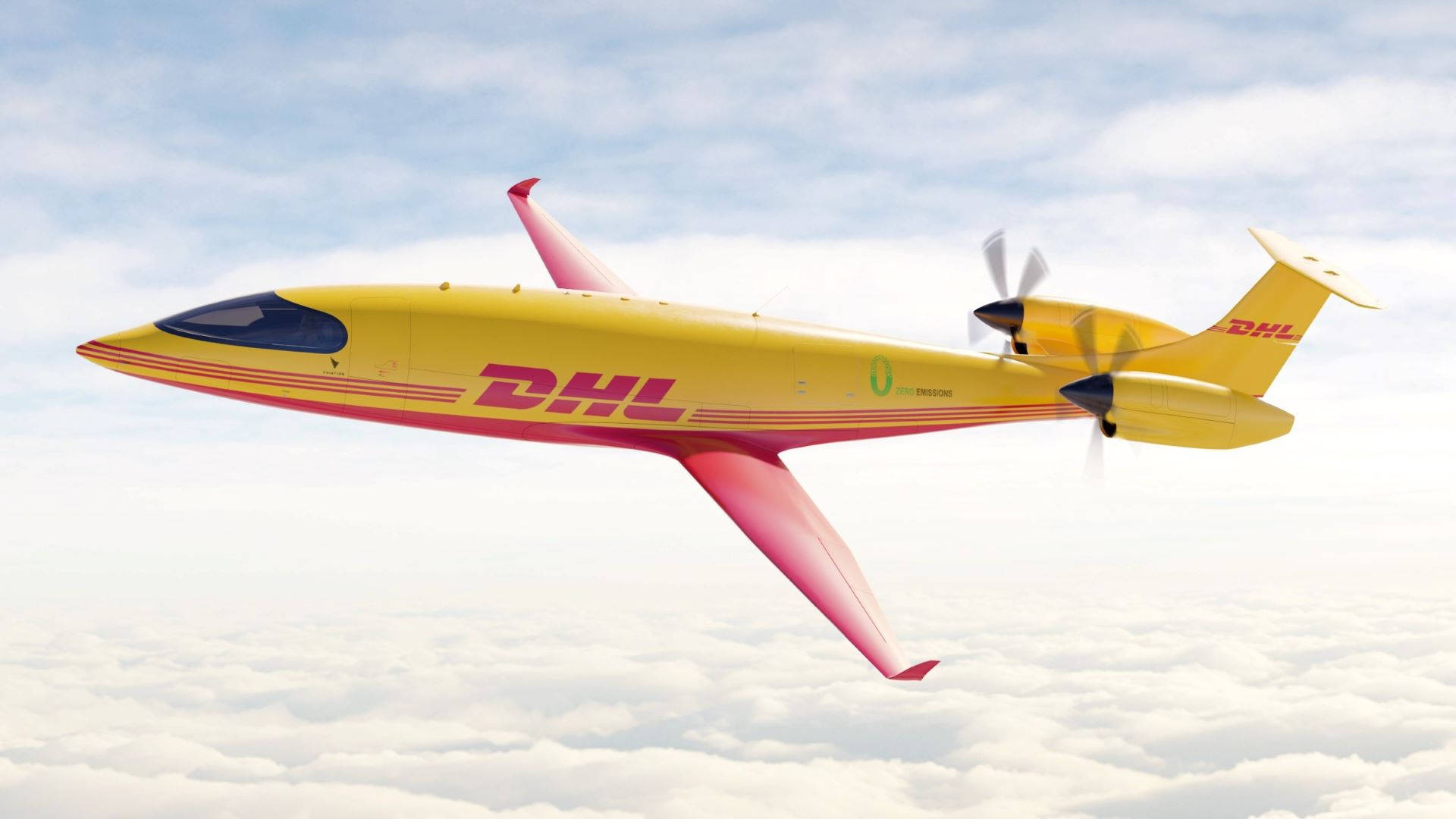 Dhl 桌布 壁紙 — 一架亮黃色帶紅色點綴的DHL貨機在晴朗藍天下翱翔於蓬鬆白雲之上。