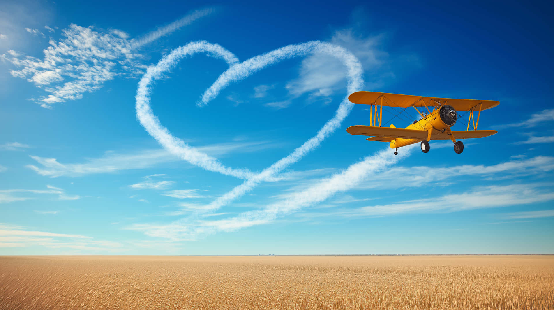 Classic Biplane Drawing Heart in Sky Above Wheat Field 壁紙 — 一架亮黃色雙翼機低飛過金色麥田，在清澈藍天留下心形煙跡。