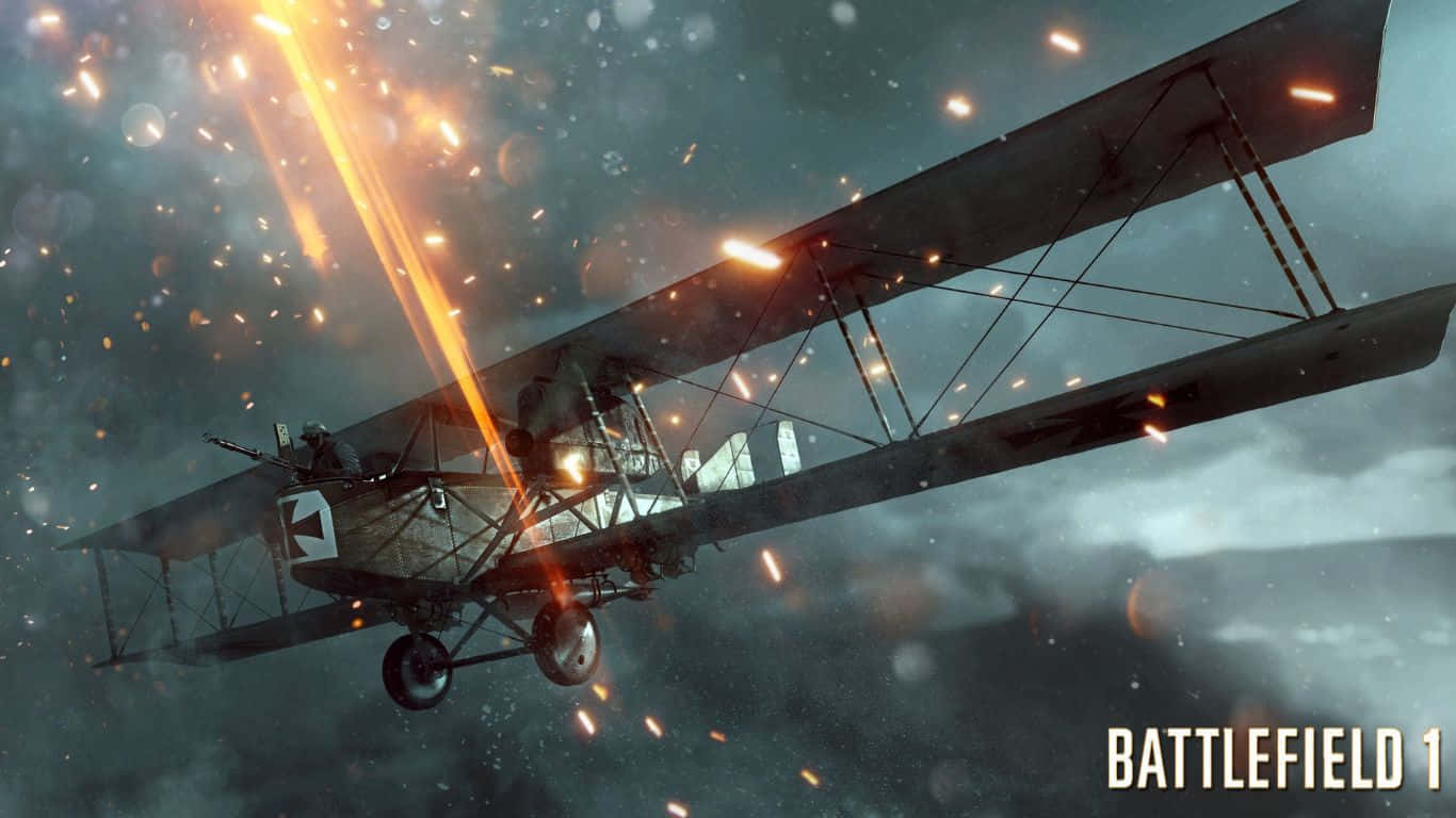 1366x768 Battlefield 1 桌布 壁紙 — 一架佈滿彈孔的雙翼飛機在暴風雨中飛馳，熾熱的曳光彈在混亂的空戰中劃過。