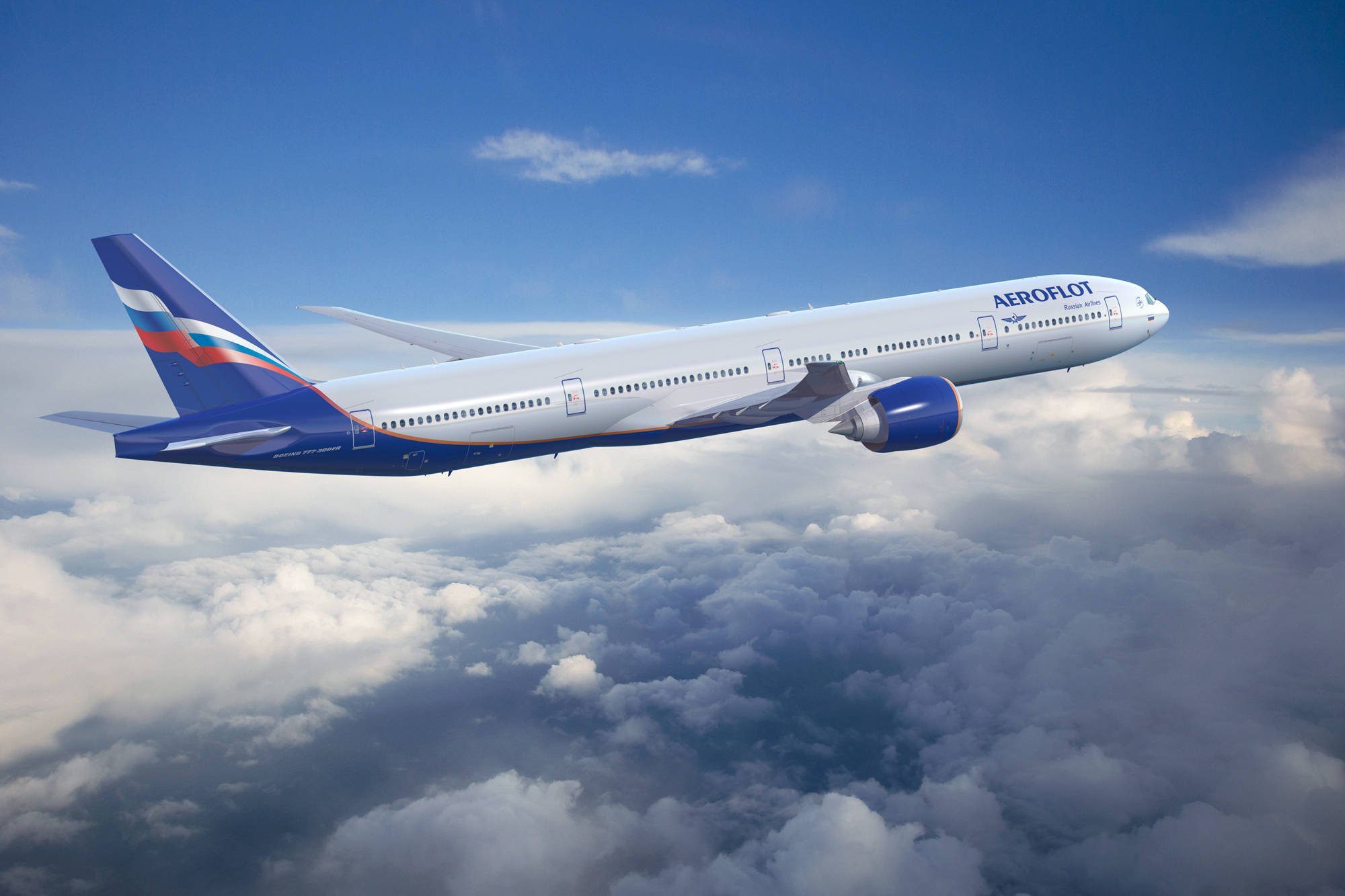 transportation 桌布 壁紙 — 一架俄羅斯航空飛機在晴朗藍天下翱翔於蓬鬆白雲之上。