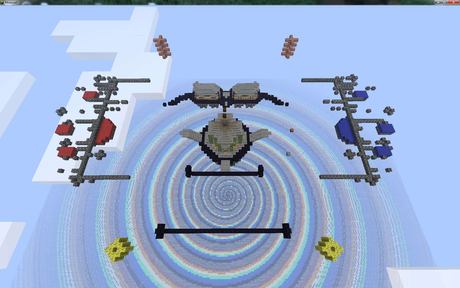 Minecraft Bridges 桌布 壁紙 — 一架像素化的Minecraft直升機盤旋在一個色彩繽紛的螺旋圖案上，其中有浮島和紅色、藍色、黃色的方塊。