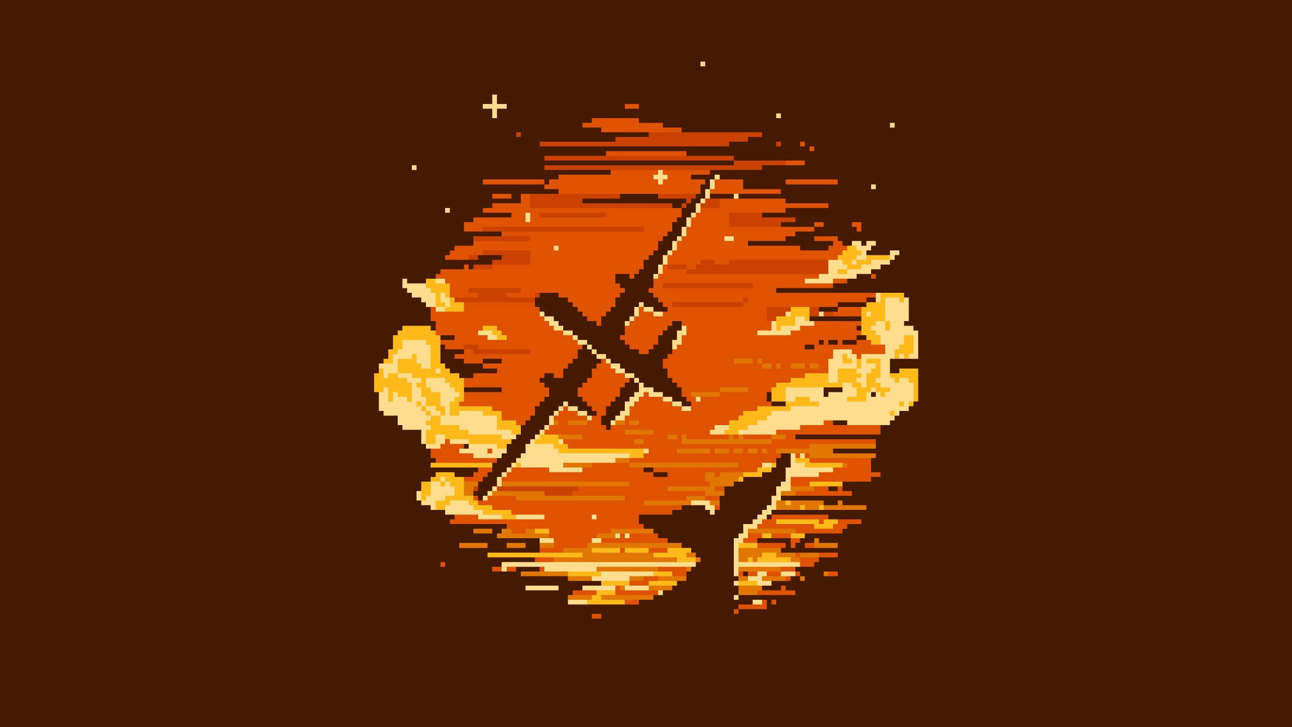 Aesthetic Pixel Art HD 桌布 壁紙 — 一架像素藝術飛機在深棕色天空的背景下，穿過火熱的橙色日落，帶有風格化的雲朵和星星。