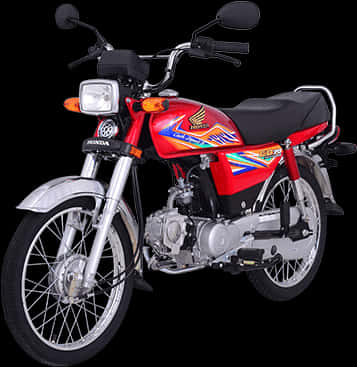 Bike HD 桌布 壁紙 — 一架充滿活力的紅色本田機車，帶有鍍鉻裝飾和彩色貼紙，孤立地立在黑色背景上。