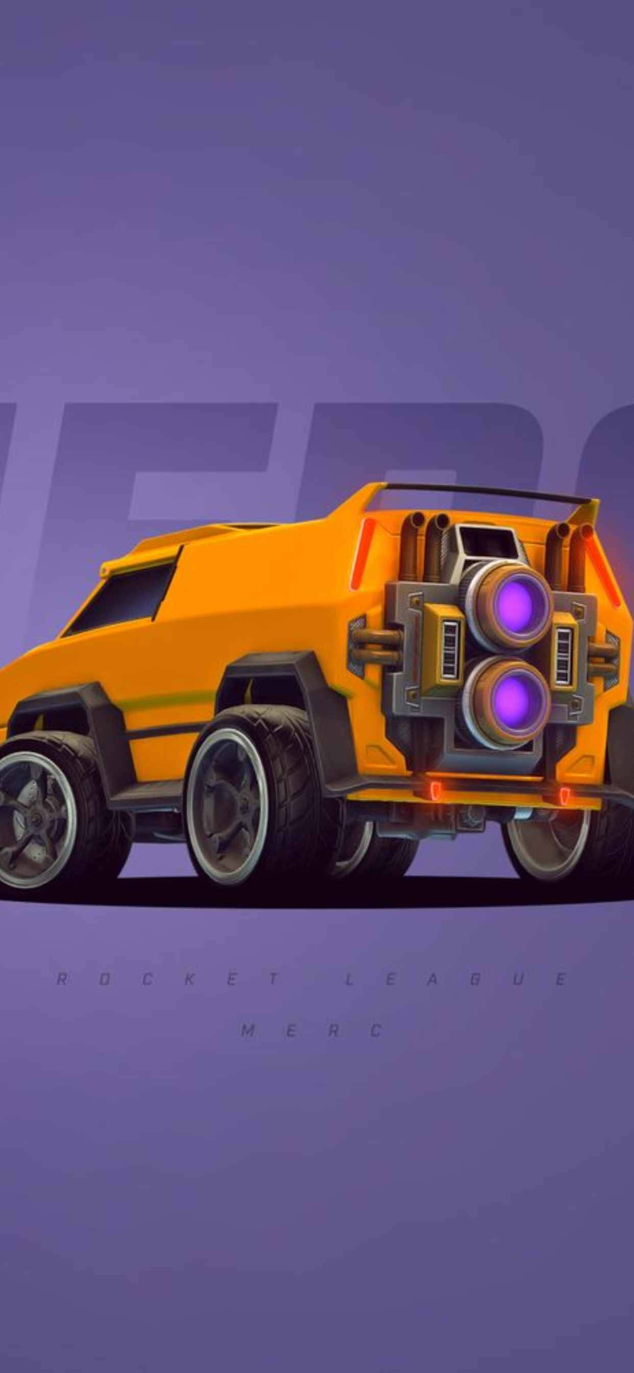 iPhone Xs Max Rocket League 桌布 壁紙 — 一架充滿活力的黃色Rocket League Merc賽車，帶有發光的紫色助推器，矗立在漸變紫色背景前。