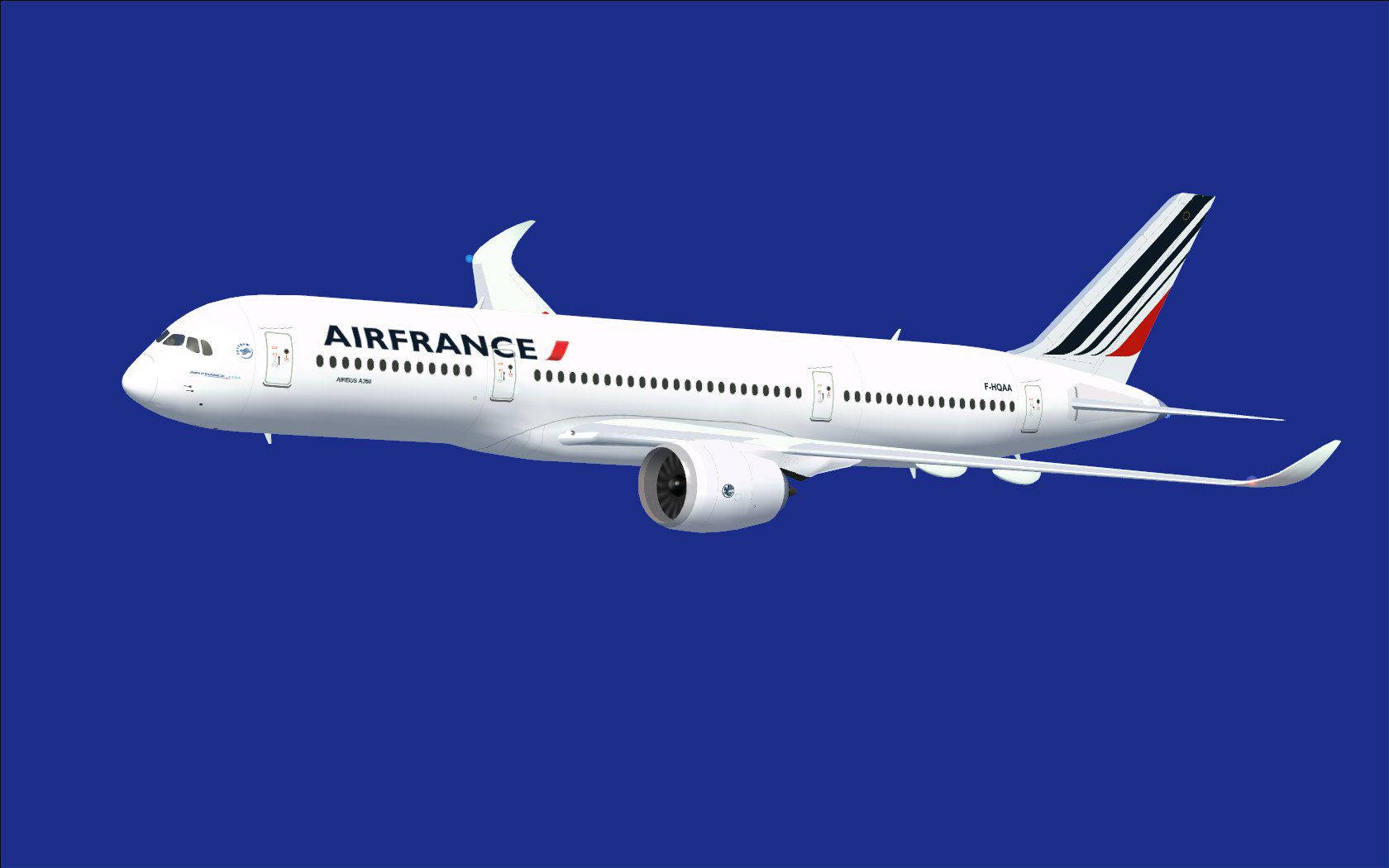 Plane 桌布 壁紙 — 一架光滑的白色法國航空飛機在純深藍色背景上滑行，展示其現代設計和標誌性的尾部標誌。