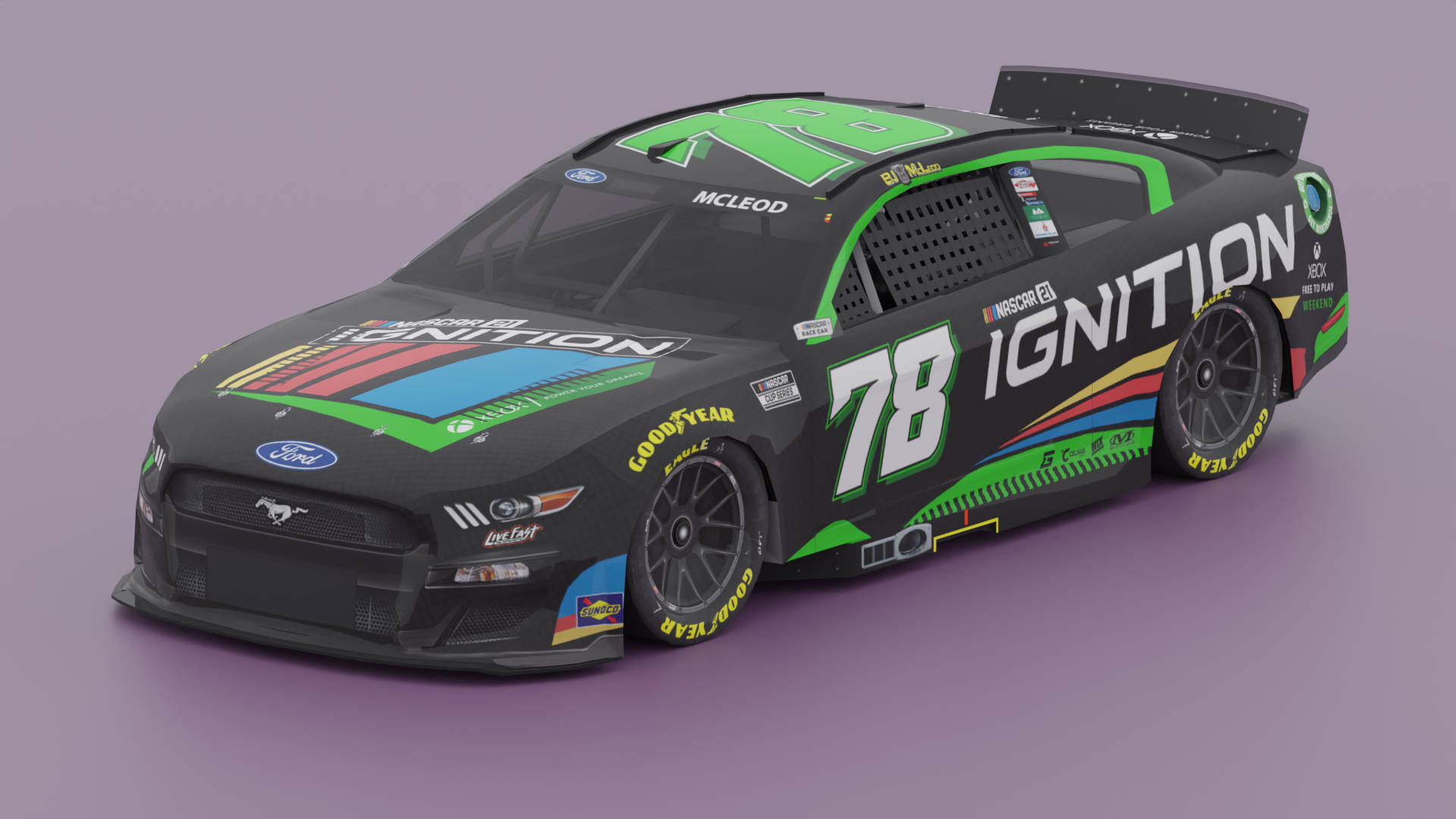 黑色 桌布 壁紙 — 一架光滑的黑色和綠色NASCAR賽車，帶有78號和'IGNITION'品牌，在純紫色工作室背景前蓄勢待發。