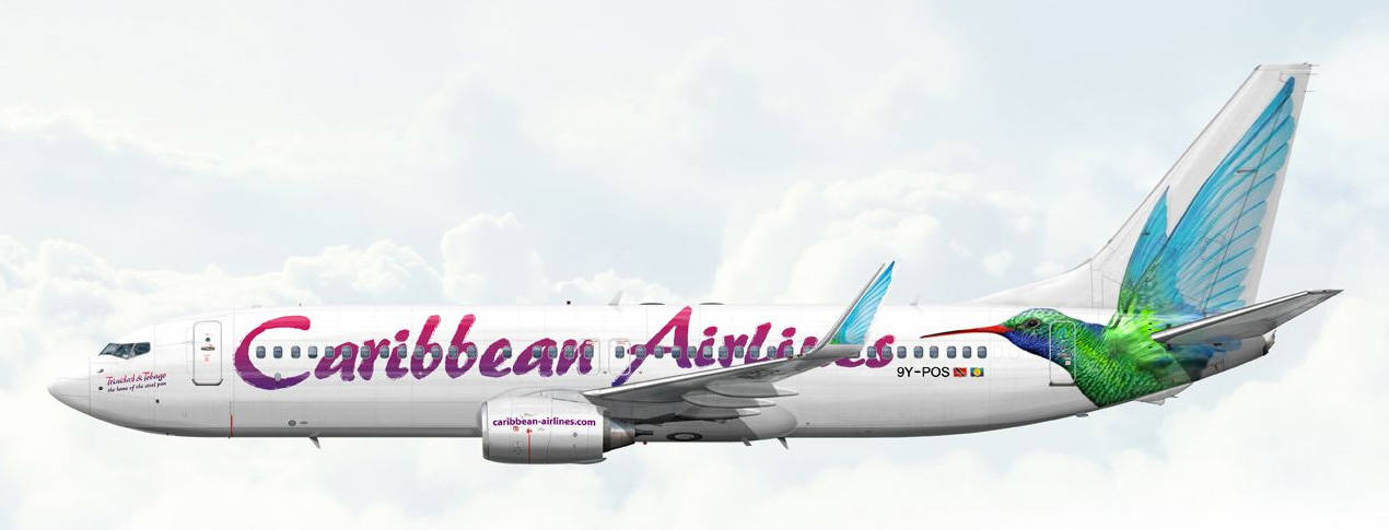 飛機 桌布 壁紙 — 一架加勒比航空的波音737，帶有鮮豔的蜂鳥塗裝，在明亮的雲層天空中翱翔。
