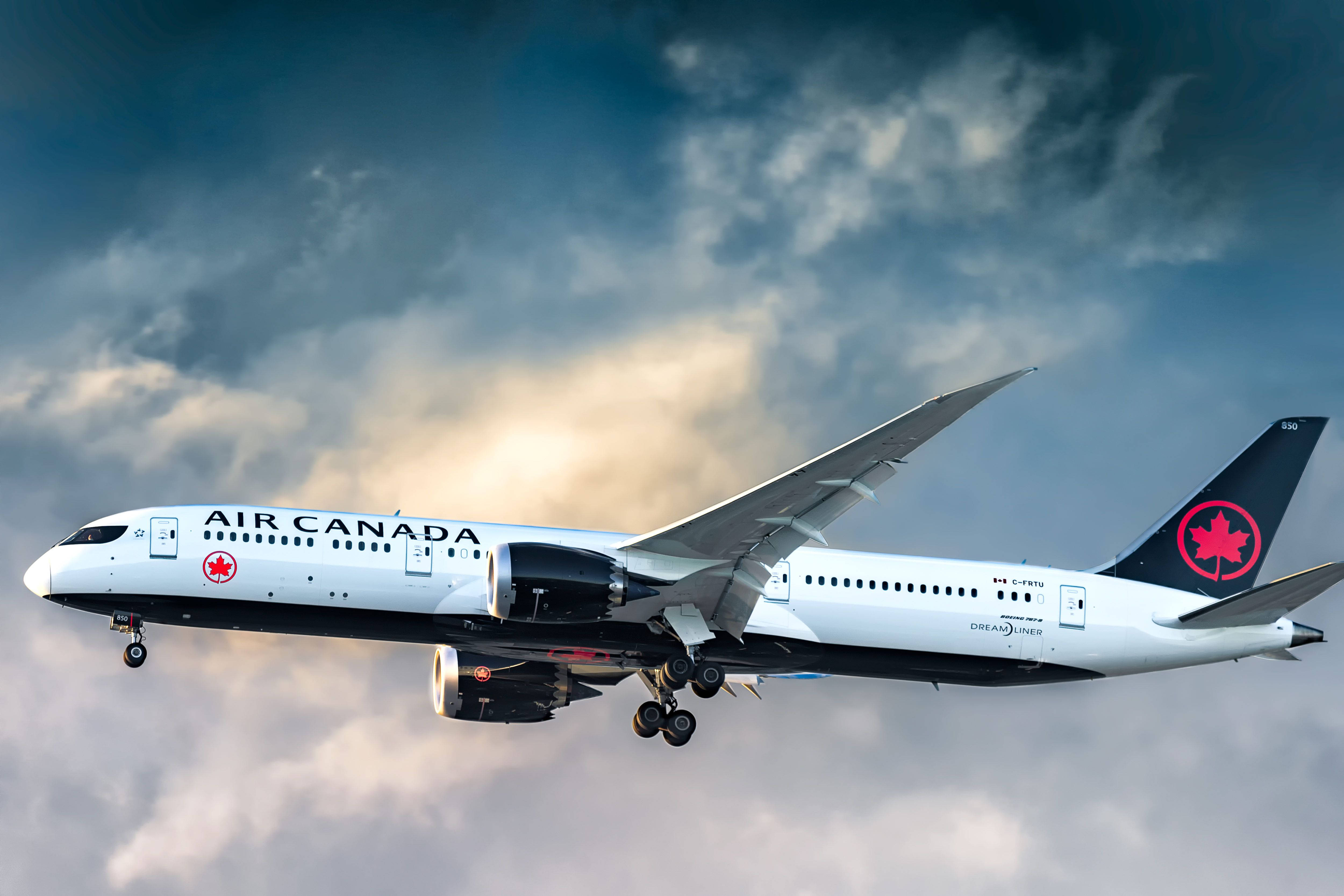 飛機 桌布 壁紙 — 一架加拿大航空波音787夢幻客機在戲劇性的雲層中翱翔，起落架放下，映襯著陰沉天空。