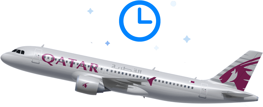 標誌 桌布 壁紙 — 一架卡塔爾航空飛機在黑色背景上滑翔，背景中有藍色時鐘和閃爍的星星。