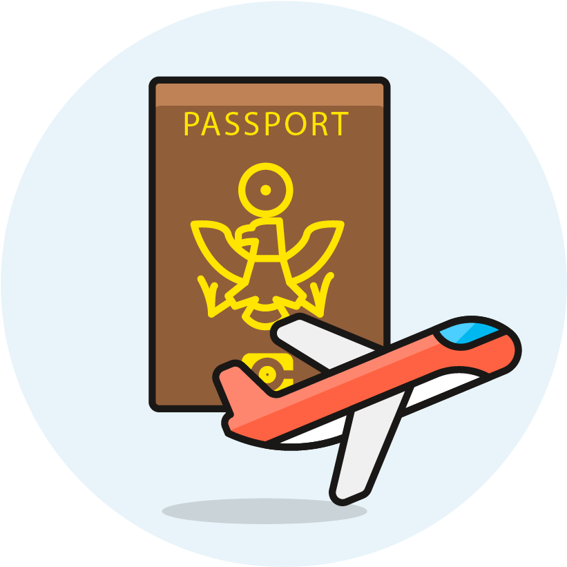 Passport 桌布 壁紙 — 一架卡通飛機在帶有黃色鷹徽章的棕色護照前飛行。