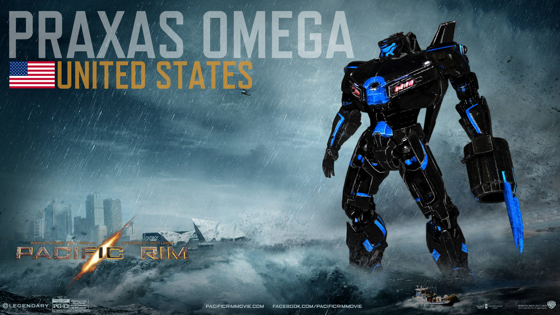 機器人 桌布 壁紙 — 一架名為 Praxas Omega 的黑色和藍色巨型機甲 Jaeger 矗立在波濤洶湧的海洋中，背景是城市天際線。