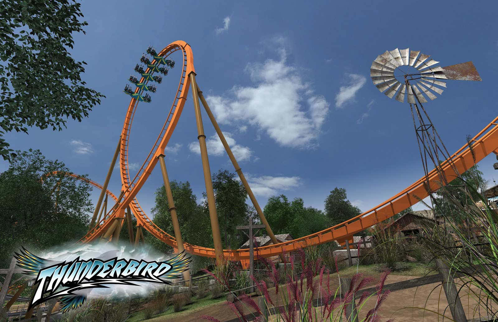 Roller Coaster 桌布 壁紙 — 一架名為 Thunderbird 的鮮橙色雲霄飛車在晴朗的天空中翱翔，附近有一座鄉村風車。