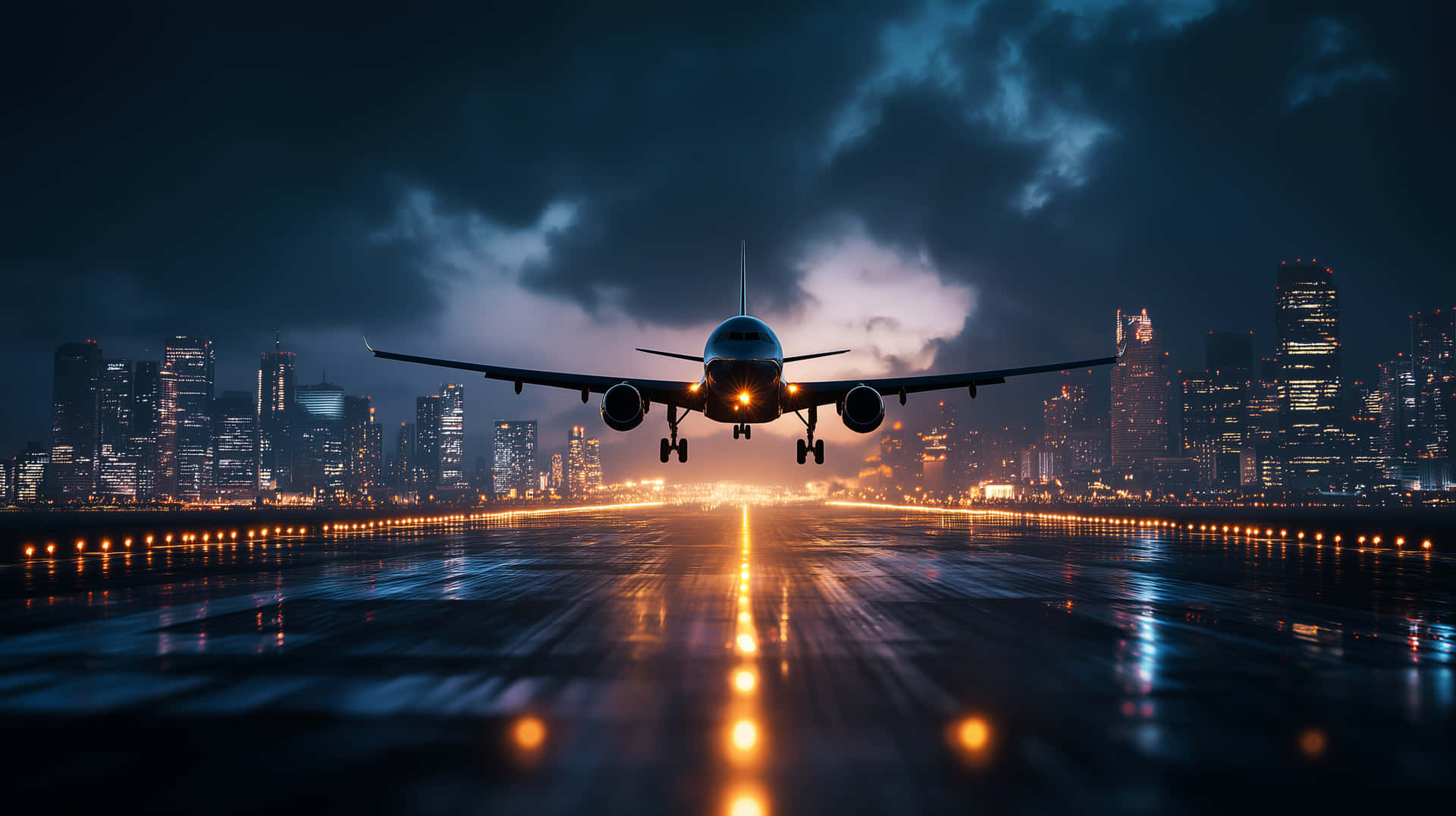 Commercial Jet on Runway Approaching City Skyline at Night 壁紙 — 一架商用飛機在夜間降落在潮濕的跑道上，背後是發光的城市天際線，上方有戲劇性的雲層。