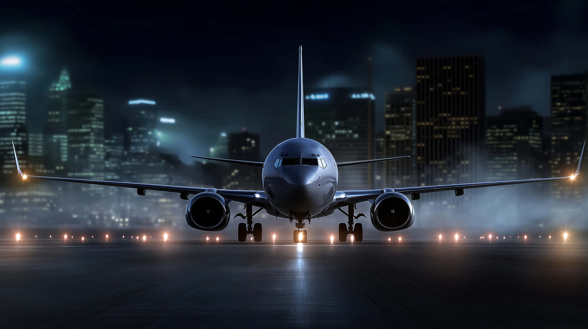 夜間跑道上的大型飛機，背後有城市燈光。 — 飛機 壁紙