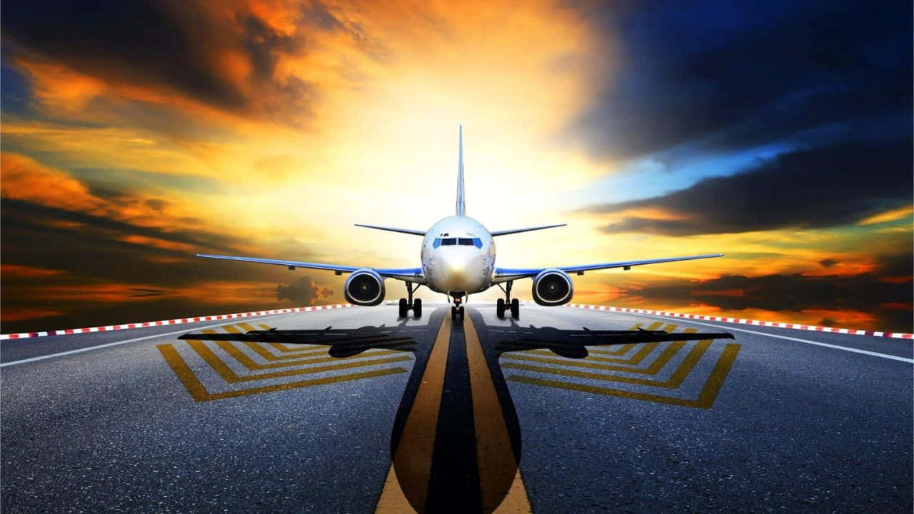 720p Plane 桌布 壁紙 — 一架商用飛機在戲劇性的日落天空下，面向跑道前方，天空中有火紅的橙色雲彩。