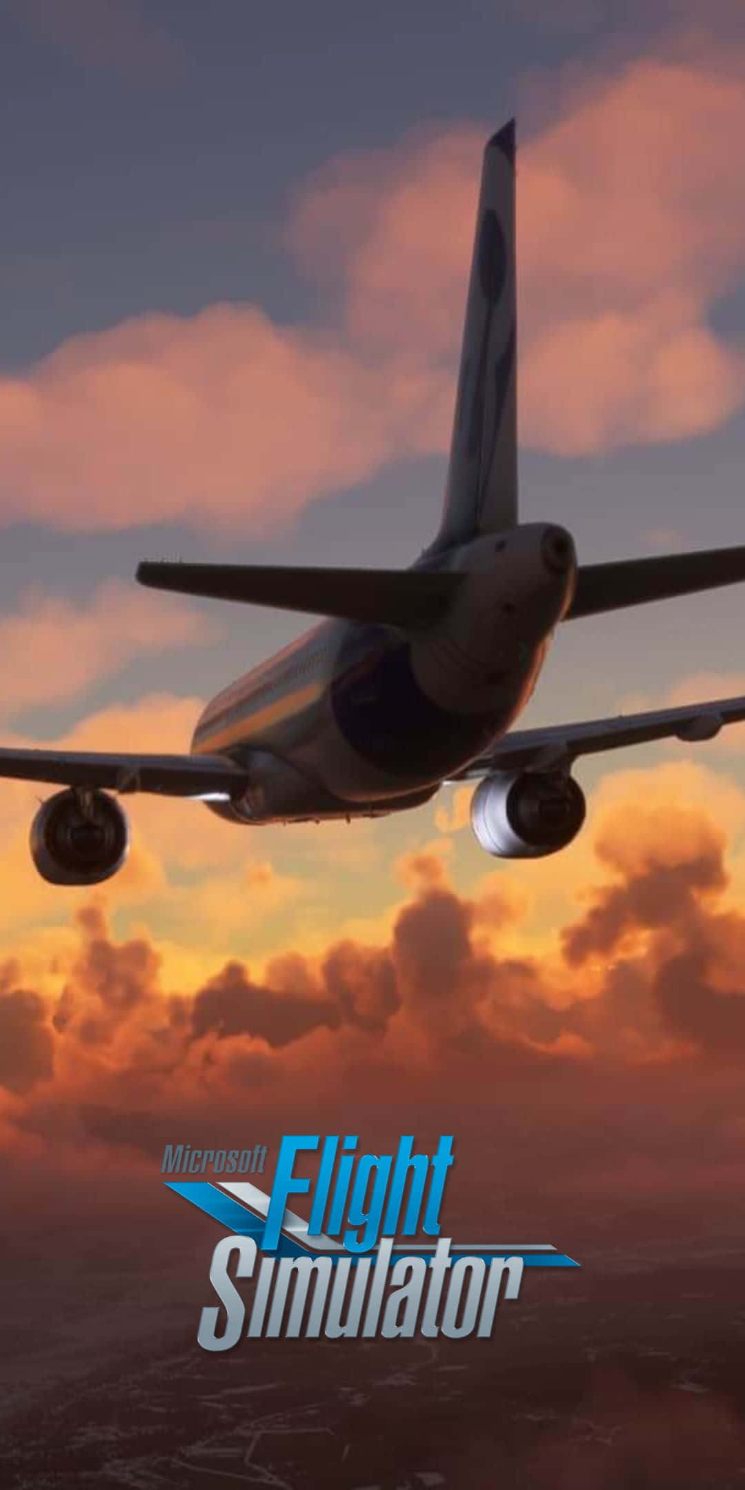 Pixel 3 Microsoft Flight Simulator 桌布 壁紙 — 一架商用飛機在日落時分穿過火紅的橙色雲層翱翔，下方是 Microsoft Flight Simulator 標誌。