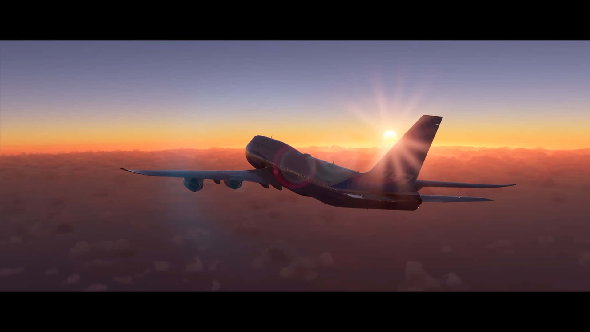 1920x1080 Microsoft Flight Simulator 桌布 壁紙 — 一架商用飛機在日落時分翱翔於雲層之上，金色的陽光穿透天空。