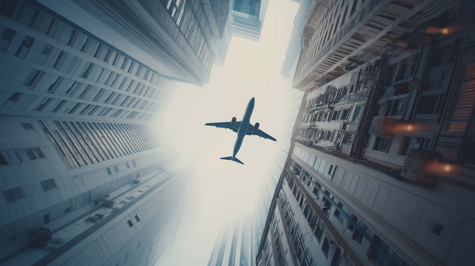Cinematic View of a Plane Soaring Between Towering City Skyscrapers 壁紙 — 一架商用飛機在明亮的天空背景下飛過頭頂，周圍是高聳的城市摩天大樓。