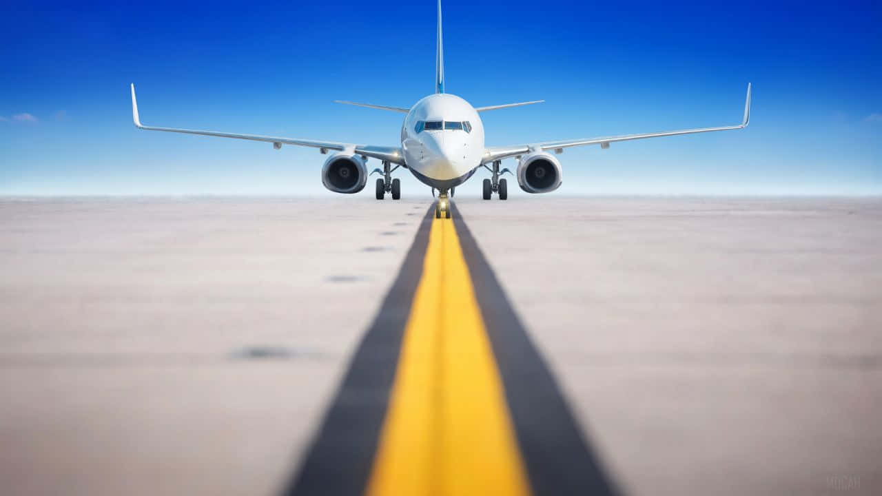 720p Plane 桌布 壁紙 — 一架商用飛機在晴朗藍天下接近跑道，一條醒目的黃色中心線引導其路徑。