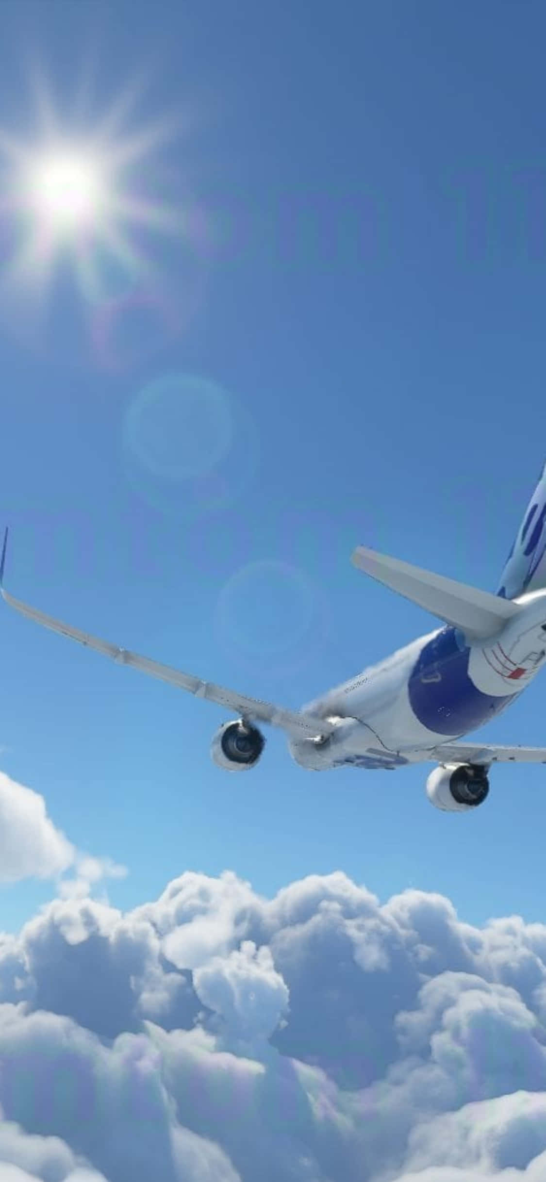 iPhone Xs Microsoft Flight Simulator 桌布 壁紙 — 一架商用飛機在晴朗藍天中，於明亮太陽和鏡頭光暈下翱翔於蓬鬆白雲之上。