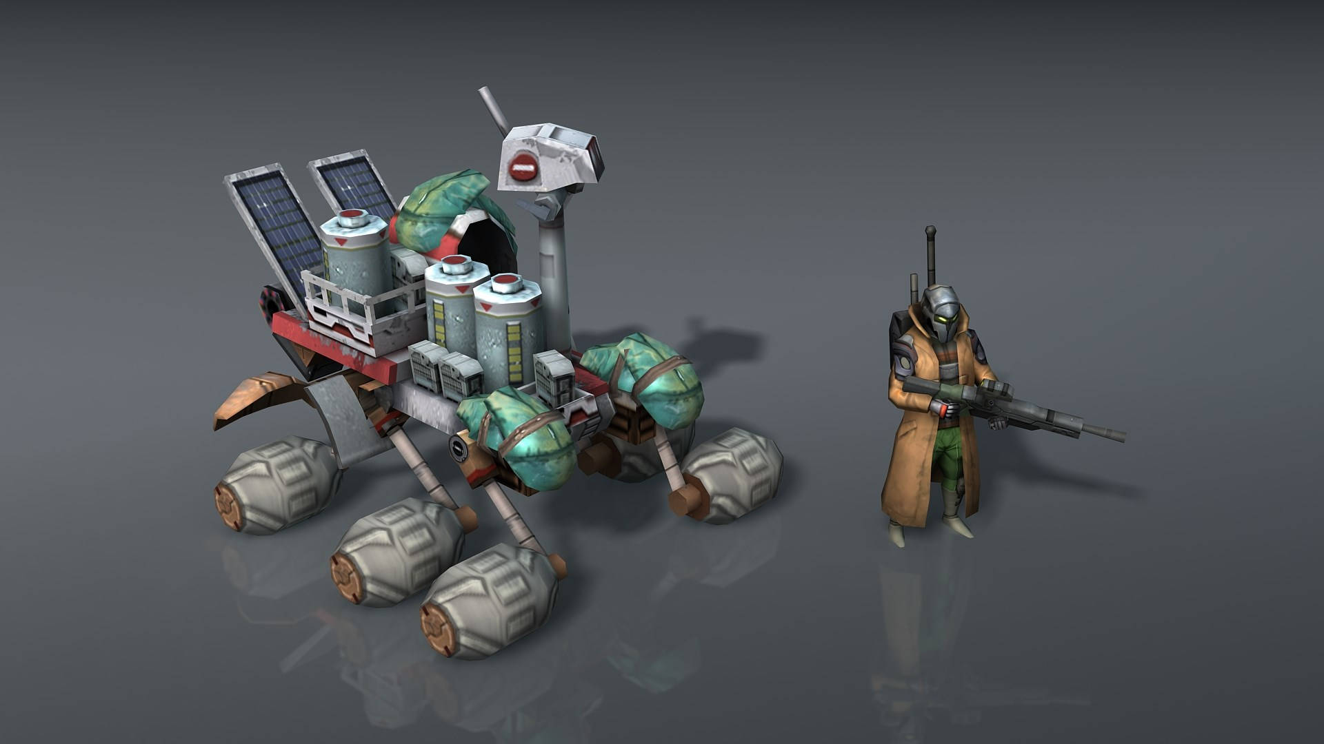 Civilization Beyond Earth 桌布 壁紙 — 一架堅固的未來風格探測車，配備太陽能板和貨物，旁邊有一位穿著風衣的士兵，在反光的灰色表面上持步槍。
