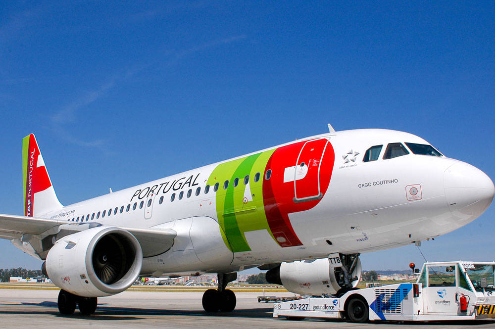 Airport 桌布 壁紙 — 一架塗有鮮豔綠色、紅色和白色塗裝的TAP Portugal飛機，在晴朗的藍天下停在陽光明媚的停機坪上。