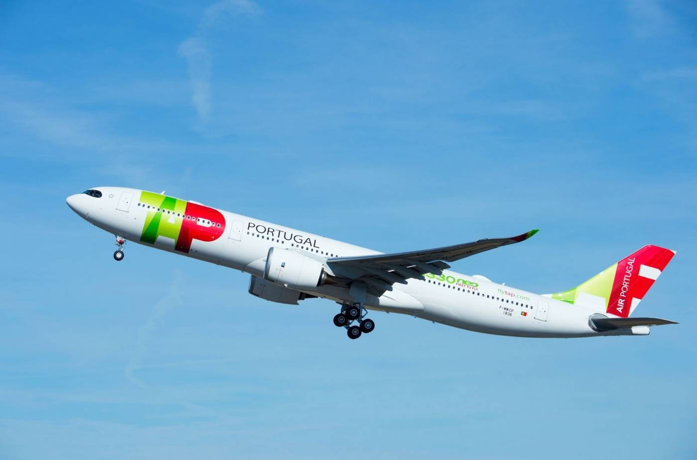 Blue Sky 桌布 壁紙 — 一架塗裝鮮豔的葡萄牙航空 Airbus A330 正收起起落架，在晴朗的藍天中攀升。
