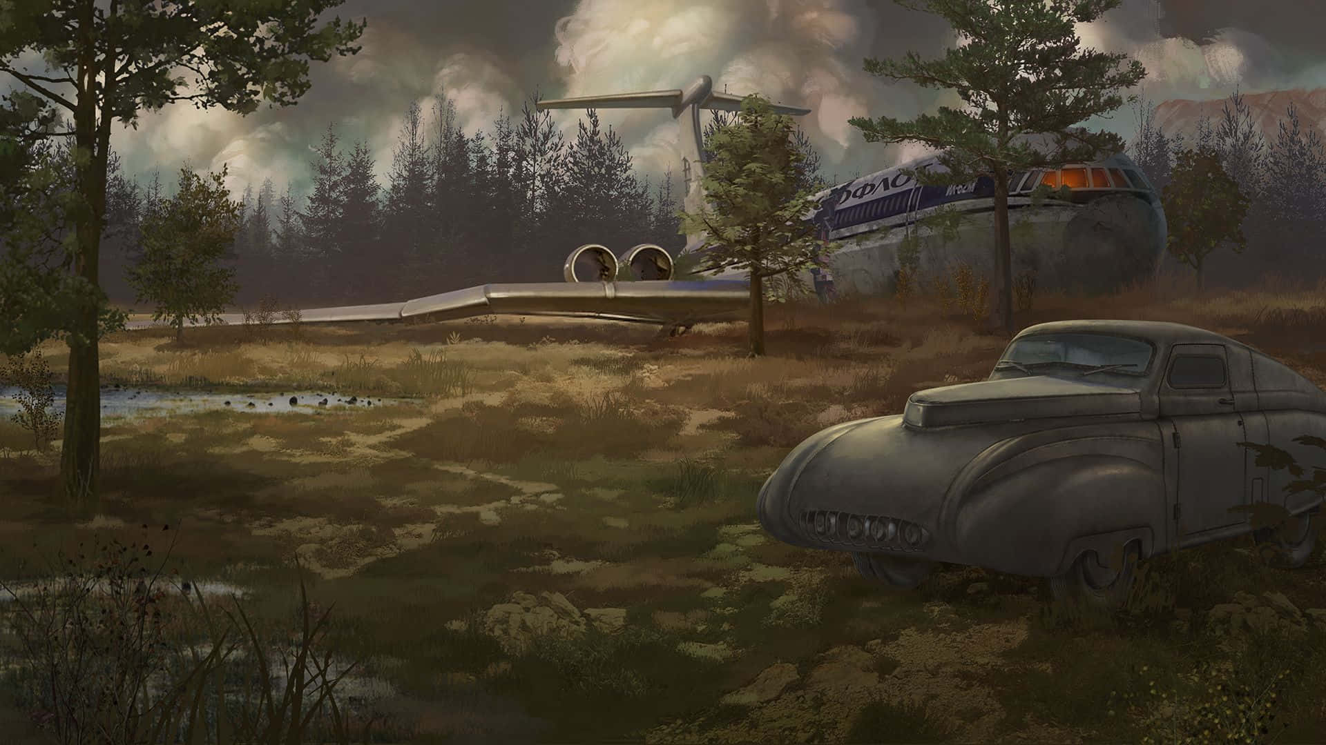 Fallout 4 Wasteland 桌布 壁紙 — 一架墜毀的飛機和復古汽車被遺棄在霧氣瀰漫的森林空地中，天空風雨欲來。