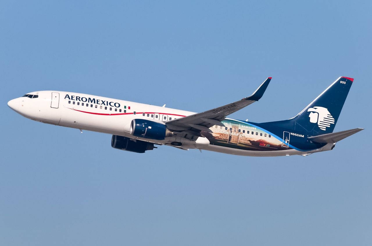 Plane 桌布 壁紙 — 一架墨西哥航空的波音737在晴朗的藍天中翱翔，機身上裝飾著充滿活力的文化壁畫。