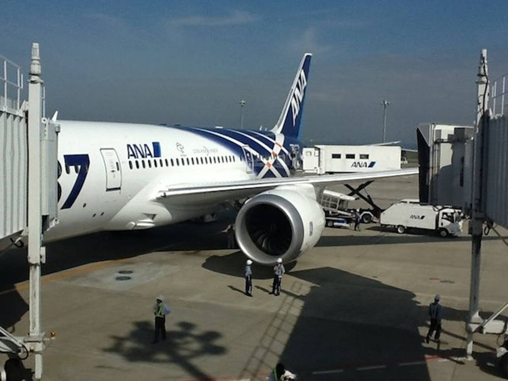 日本 桌布 壁紙 — 一架大型ANA波音777客機停泊在機場閘口，附近有地勤人員和服務車輛，在晴朗的藍天下。