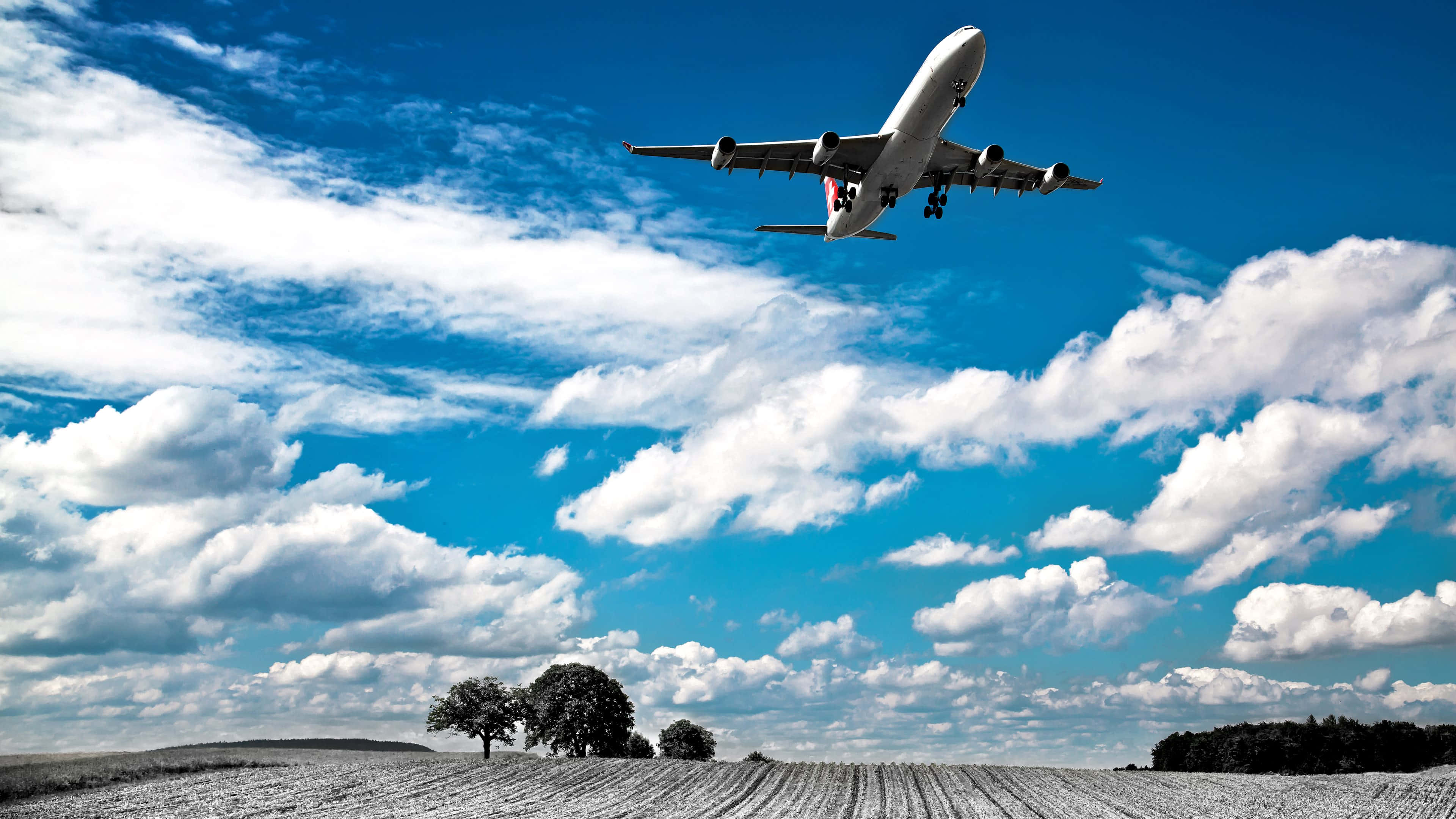 飛機 桌布 壁紙 — 一架大型客機在充滿蓬鬆白雲的鮮豔藍天下，飛越一片單色調的鄉村田野，田野上散落著樹木。
