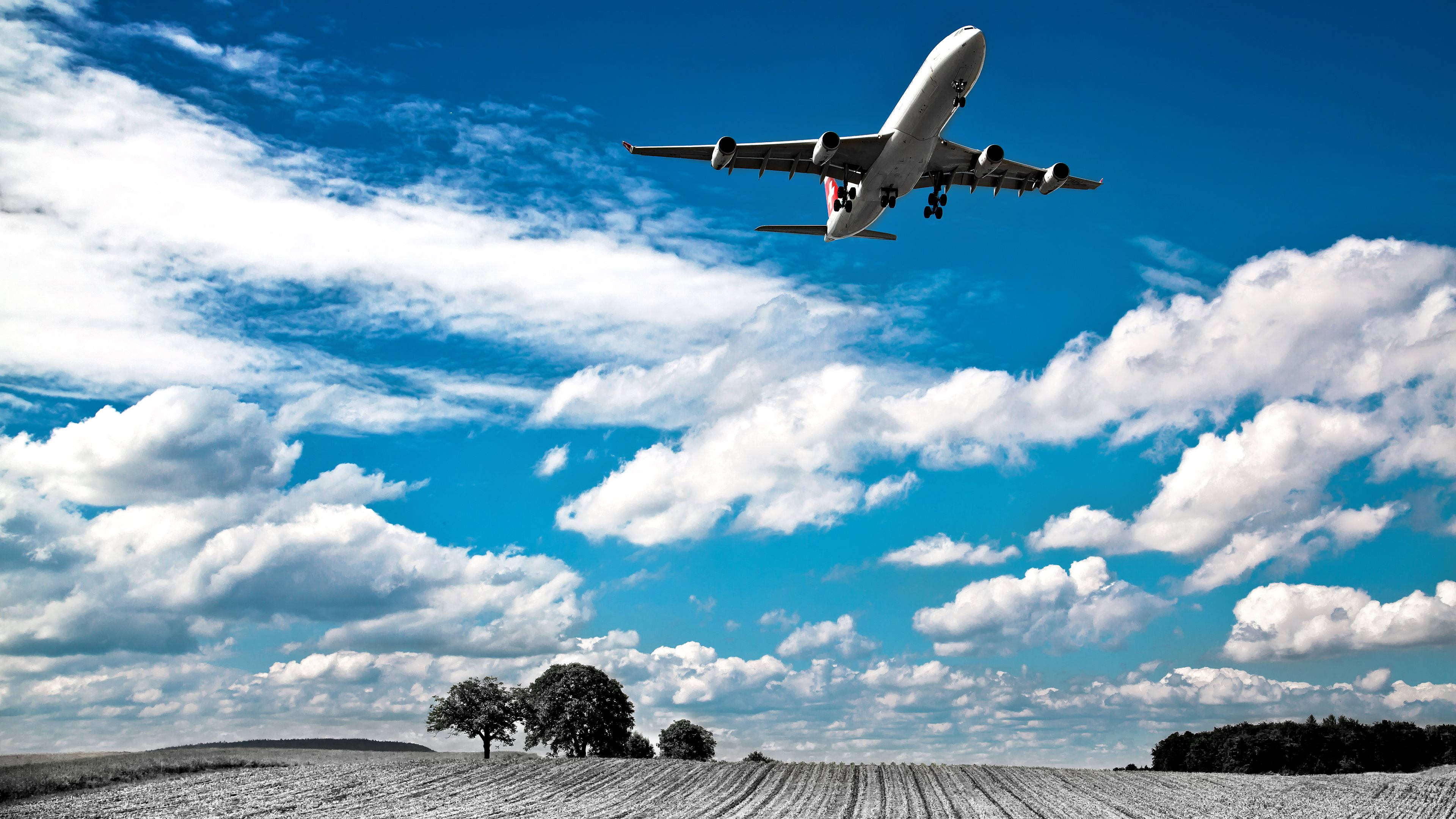 飛機 桌布 壁紙 — 一架大型客機在充滿蓬鬆白雲的鮮豔藍天下，降落在一個單色調的鄉村田野上，田野上散落著樹木。